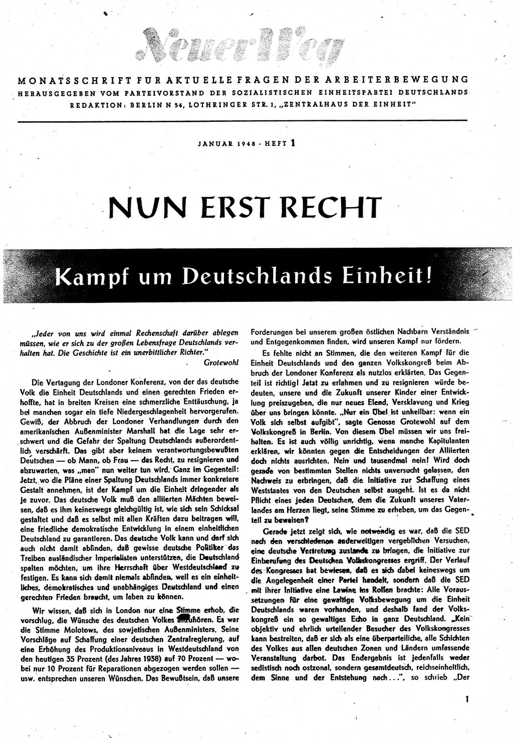 Neuer Weg (NW), Monatsschrift für aktuelle Fragen der Arbeiterbewegung [Parteivorstand (PV) Sozialistische Einheitspartei Deutschlands (SED)] 3. Jahrgang [Sowjetische Besatzungszone (SBZ) Deutschlands] 1948, Heft 1/1 (NW PV SED SBZ Dtl. 1948, H. 1/1)