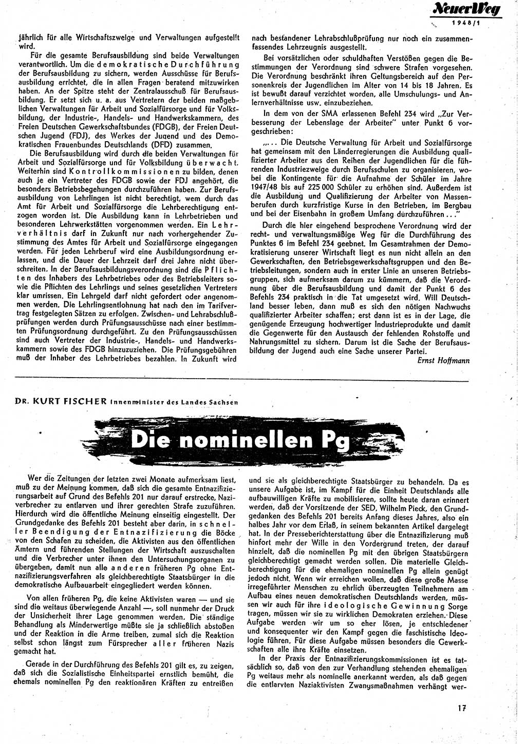 Neuer Weg (NW), Monatsschrift für aktuelle Fragen der Arbeiterbewegung [Parteivorstand (PV) Sozialistische Einheitspartei Deutschlands (SED)] 3. Jahrgang [Sowjetische Besatzungszone (SBZ) Deutschlands] 1948, Heft 1/17 (NW PV SED SBZ Dtl. 1948, H. 1/17)
