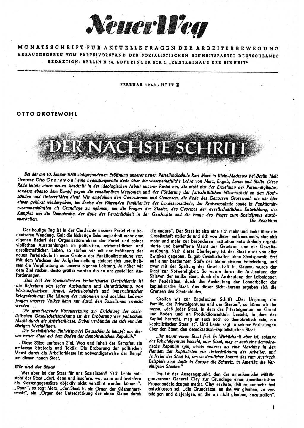 Neuer Weg (NW), Monatsschrift für aktuelle Fragen der Arbeiterbewegung [Parteivorstand (PV) Sozialistische Einheitspartei Deutschlands (SED)] 3. Jahrgang [Sowjetische Besatzungszone (SBZ) Deutschlands] 1948, Heft 2/1 (NW PV SED SBZ Dtl. 1948, H. 2/1)