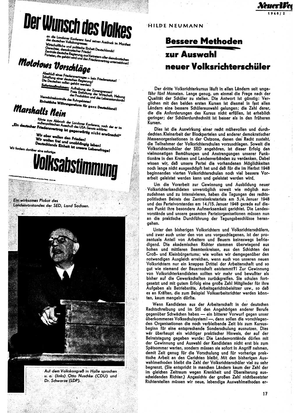 Neuer Weg (NW), Monatsschrift für aktuelle Fragen der Arbeiterbewegung [Parteivorstand (PV) Sozialistische Einheitspartei Deutschlands (SED)] 3. Jahrgang [Sowjetische Besatzungszone (SBZ) Deutschlands] 1948, Heft 2/17 (NW PV SED SBZ Dtl. 1948, H. 2/17)