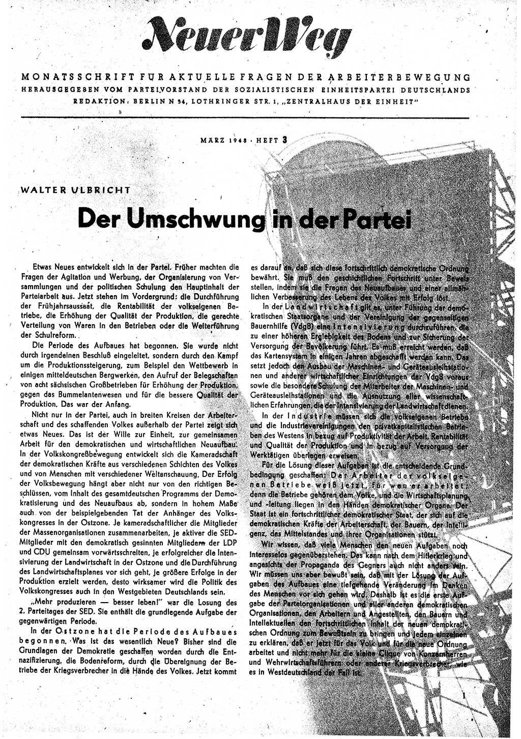 Neuer Weg (NW), Monatsschrift für aktuelle Fragen der Arbeiterbewegung [Parteivorstand (PV) Sozialistische Einheitspartei Deutschlands (SED)] 3. Jahrgang [Sowjetische Besatzungszone (SBZ) Deutschlands] 1948, Heft 3/1 (NW PV SED SBZ Dtl. 1948, H. 3/1)