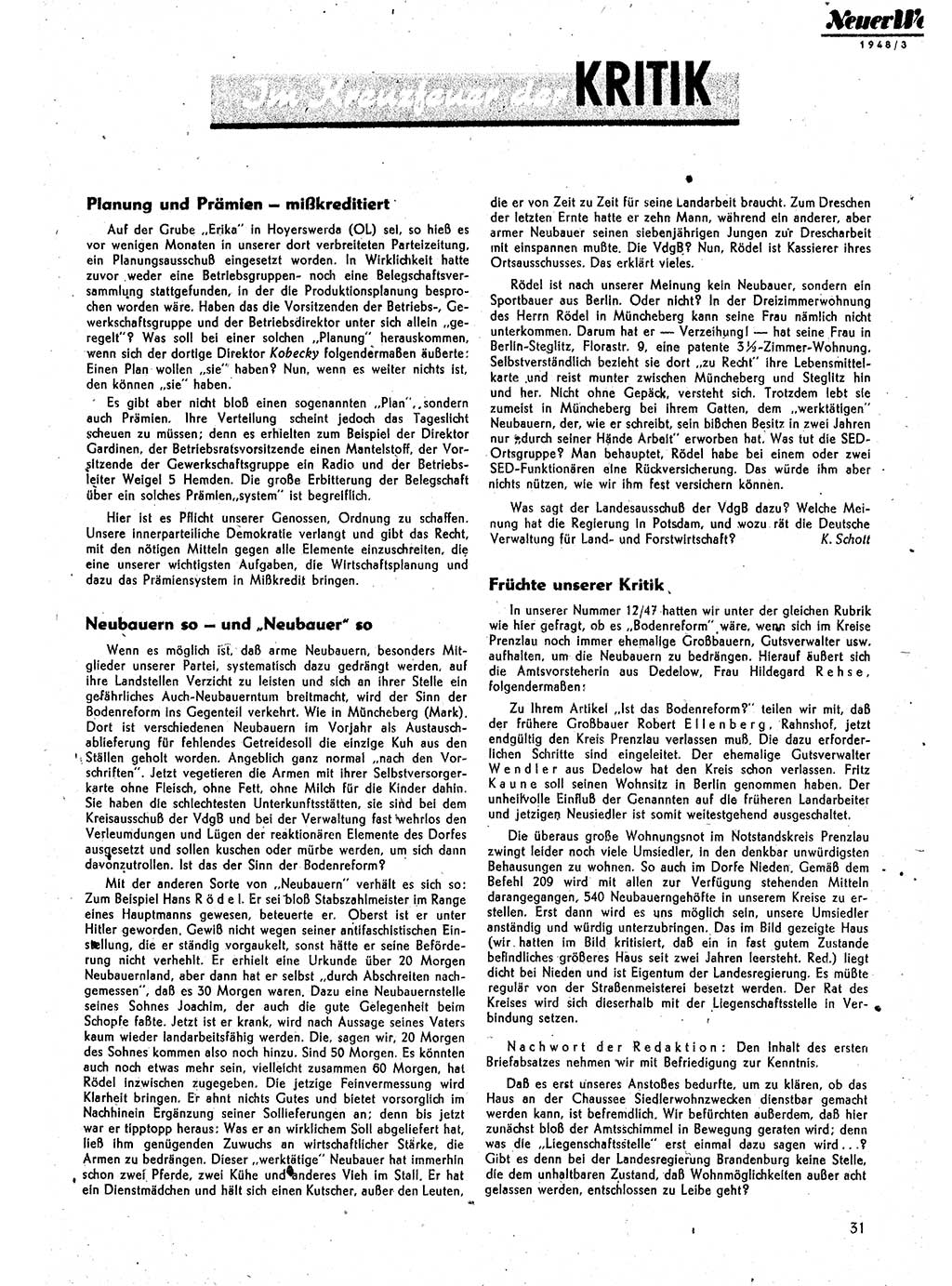 Neuer Weg (NW), Monatsschrift für aktuelle Fragen der Arbeiterbewegung [Parteivorstand (PV) Sozialistische Einheitspartei Deutschlands (SED)] 3. Jahrgang [Sowjetische Besatzungszone (SBZ) Deutschlands] 1948, Heft 3/31 (NW PV SED SBZ Dtl. 1948, H. 3/31)