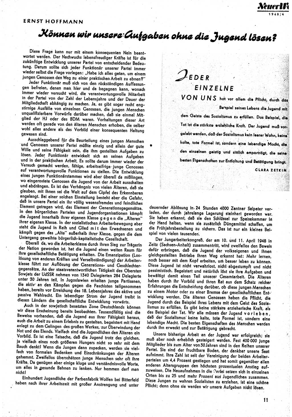 Neuer Weg (NW), Monatsschrift für aktuelle Fragen der Arbeiterbewegung [Parteivorstand (PV) Sozialistische Einheitspartei Deutschlands (SED)] 3. Jahrgang [Sowjetische Besatzungszone (SBZ) Deutschlands] 1948, Heft 4/11 (NW PV SED SBZ Dtl. 1948, H. 4/11)