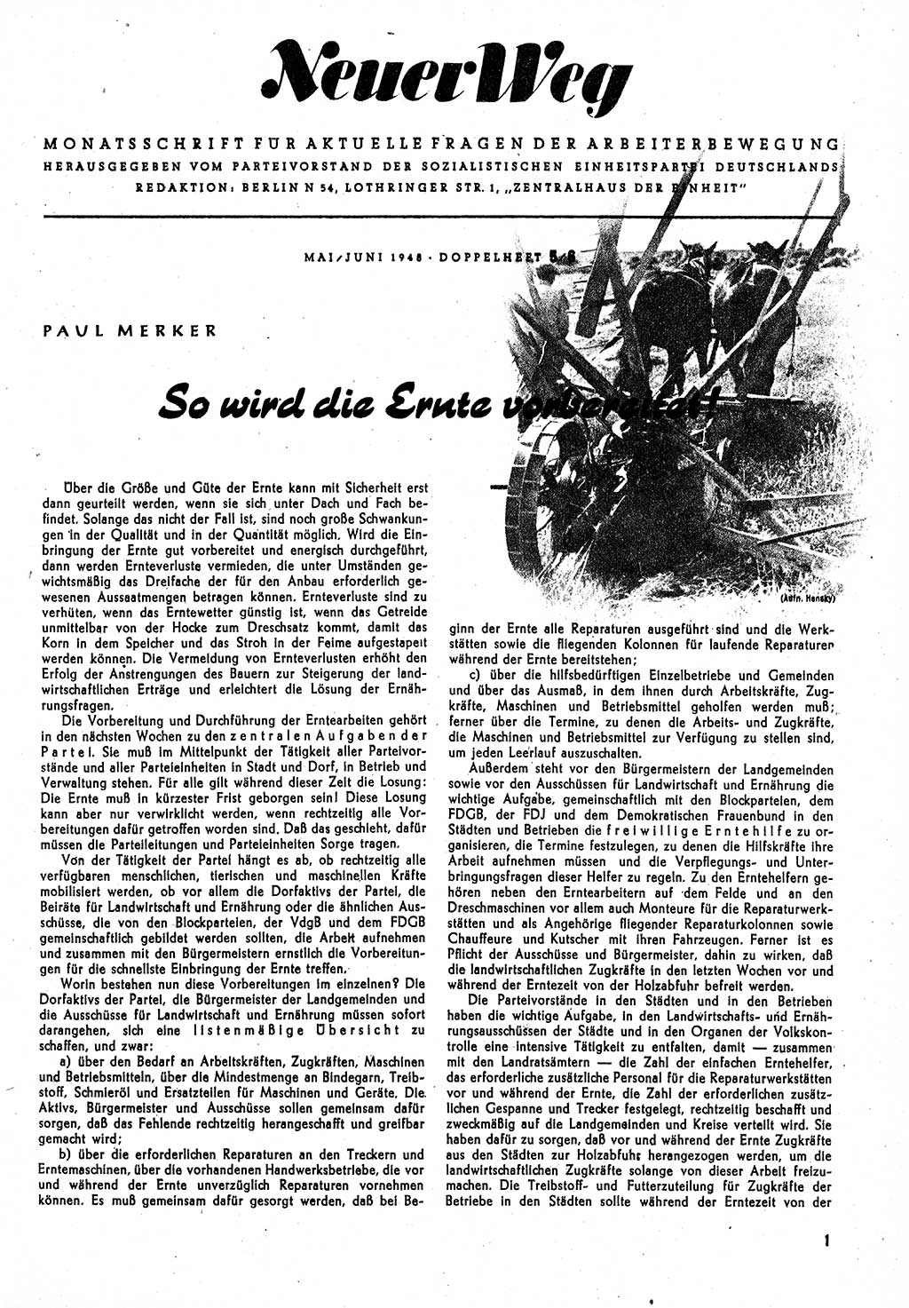 Neuer Weg (NW), Monatsschrift für aktuelle Fragen der Arbeiterbewegung [Parteivorstand (PV) Sozialistische Einheitspartei Deutschlands (SED)] 3. Jahrgang [Sowjetische Besatzungszone (SBZ) Deutschlands] 1948, Heft 5/1 (NW PV SED SBZ Dtl. 1948, H. 5/1)