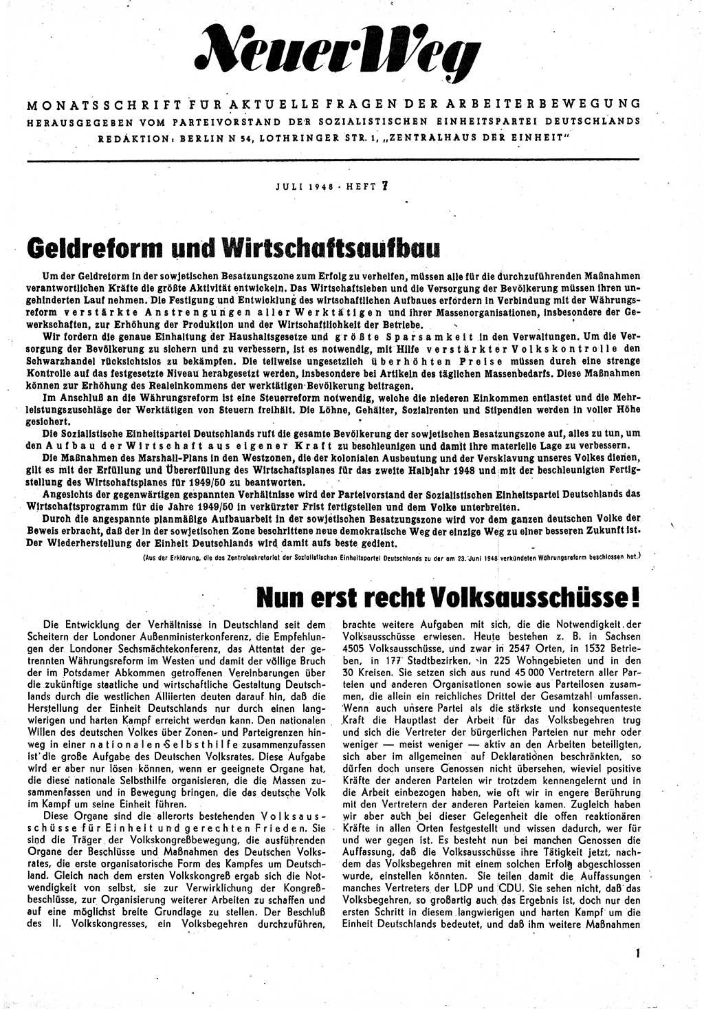 Neuer Weg (NW), Monatsschrift für aktuelle Fragen der Arbeiterbewegung [Parteivorstand (PV) Sozialistische Einheitspartei Deutschlands (SED)] 3. Jahrgang [Sowjetische Besatzungszone (SBZ) Deutschlands] 1948, Heft 7/1 (NW PV SED SBZ Dtl. 1948, H. 7/1)