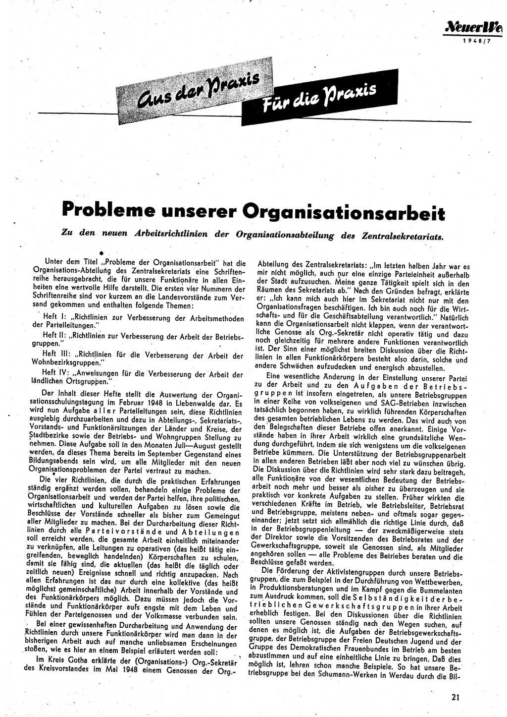 Neuer Weg (NW), Monatsschrift für aktuelle Fragen der Arbeiterbewegung [Parteivorstand (PV) Sozialistische Einheitspartei Deutschlands (SED)] 3. Jahrgang [Sowjetische Besatzungszone (SBZ) Deutschlands] 1948, Heft 7/21 (NW PV SED SBZ Dtl. 1948, H. 7/21)