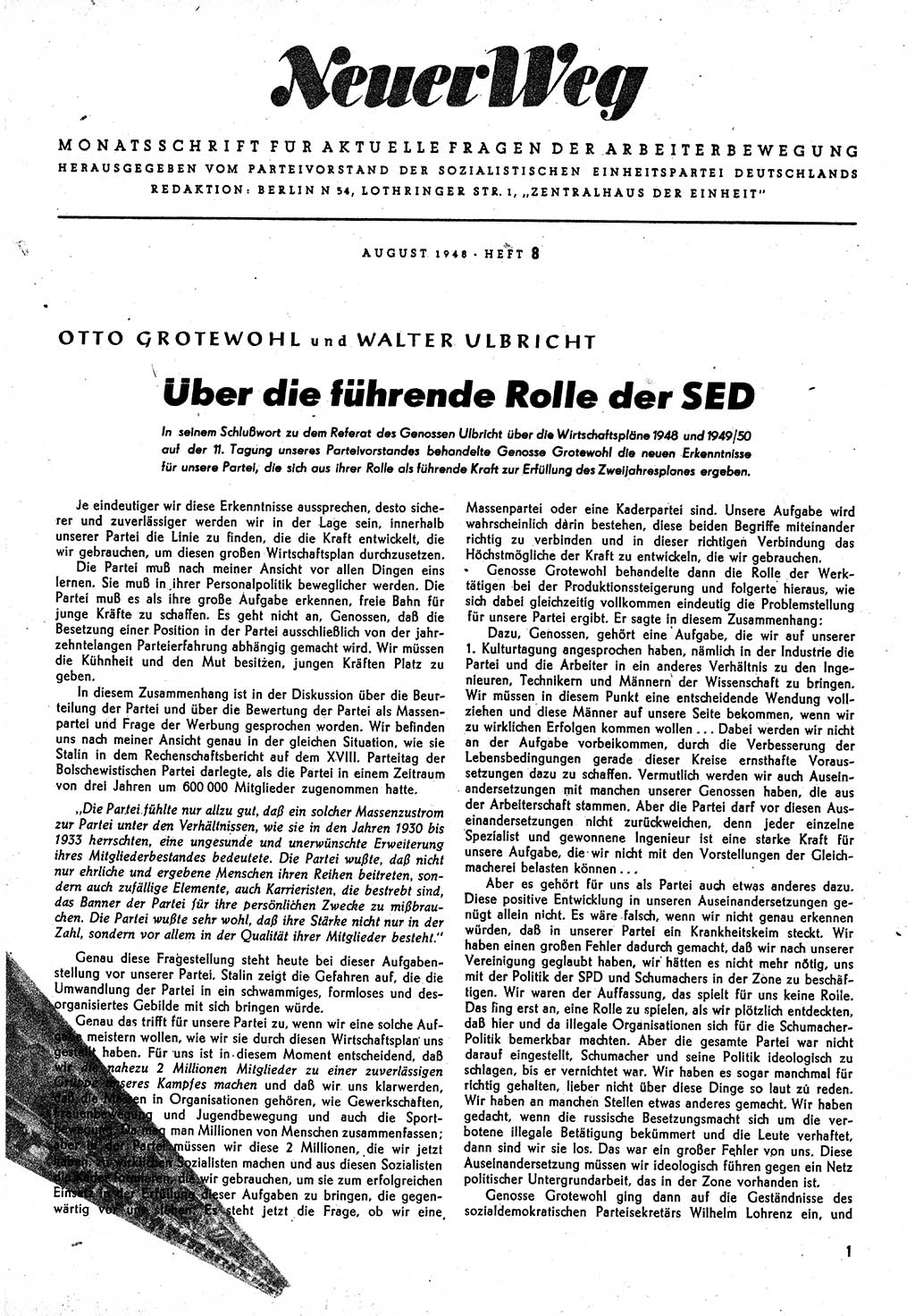 Neuer Weg (NW), Monatsschrift für aktuelle Fragen der Arbeiterbewegung [Parteivorstand (PV) Sozialistische Einheitspartei Deutschlands (SED)] 3. Jahrgang [Sowjetische Besatzungszone (SBZ) Deutschlands] 1948, Heft 8/1 (NW PV SED SBZ Dtl. 1948, H. 8/1)