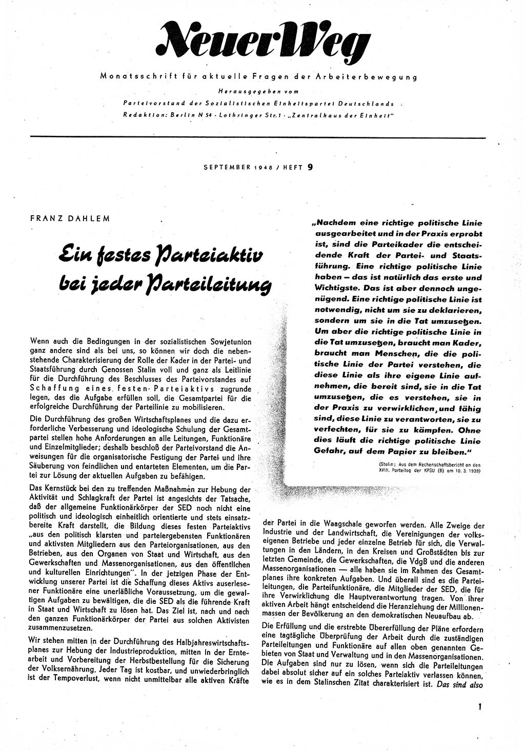 Neuer Weg (NW), Monatsschrift für aktuelle Fragen der Arbeiterbewegung [Parteivorstand (PV) Sozialistische Einheitspartei Deutschlands (SED)] 3. Jahrgang [Sowjetische Besatzungszone (SBZ) Deutschlands] 1948, Heft 9/1 (NW PV SED SBZ Dtl. 1948, H. 9/1)