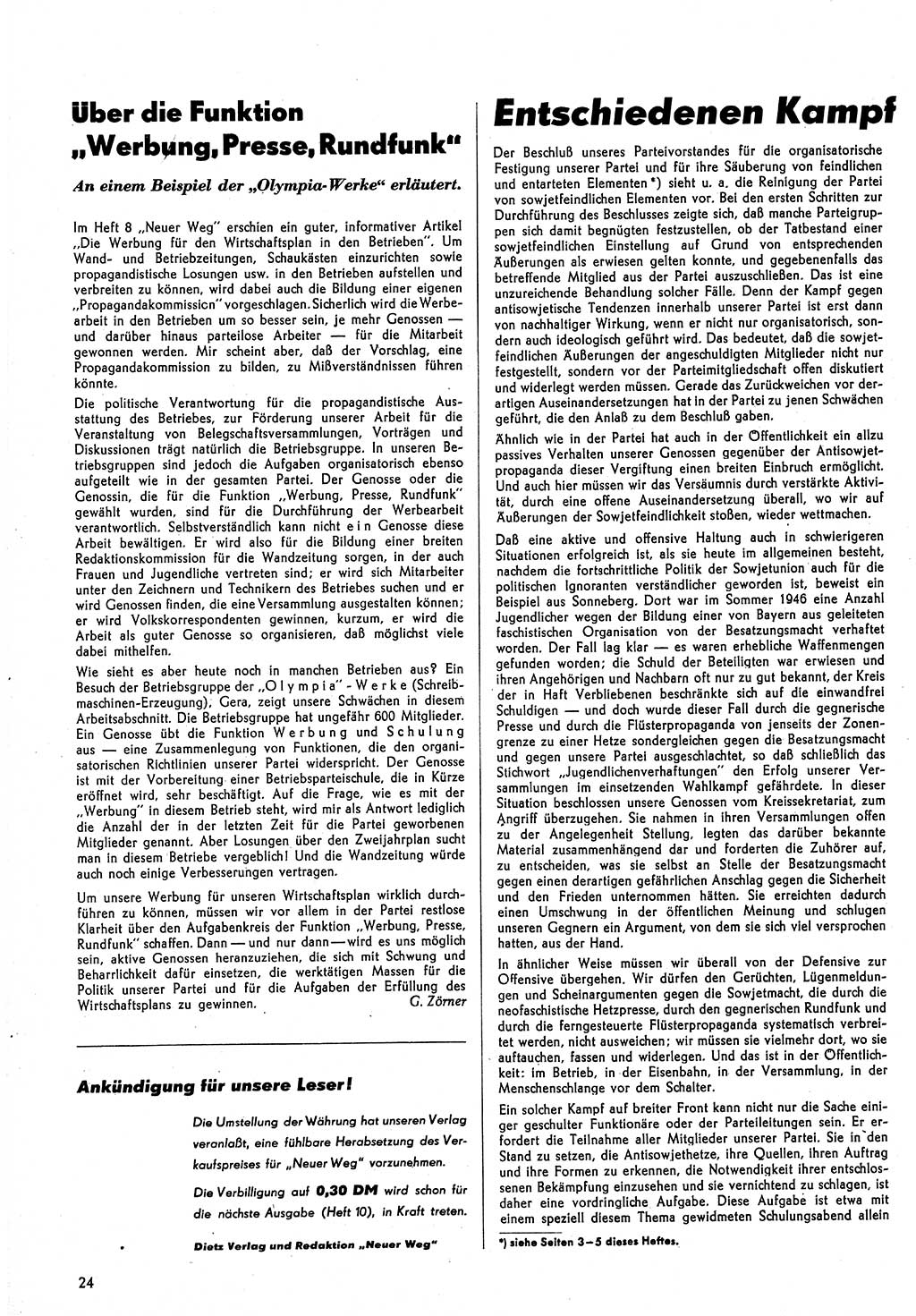 Neuer Weg (NW), Monatsschrift für aktuelle Fragen der Arbeiterbewegung [Parteivorstand (PV) Sozialistische Einheitspartei Deutschlands (SED)] 3. Jahrgang [Sowjetische Besatzungszone (SBZ) Deutschlands] 1948, Heft 9/24 (NW PV SED SBZ Dtl. 1948, H. 9/24)