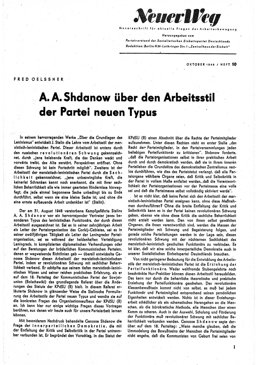 Neuer Weg (NW), Monatsschrift für aktuelle Fragen der Arbeiterbewegung [Parteivorstand (PV) Sozialistische Einheitspartei Deutschlands (SED)] 3. Jahrgang [Sowjetische Besatzungszone (SBZ) Deutschlands] 1948, Heft 10/1 (NW PV SED SBZ Dtl. 1948, H. 10/1)