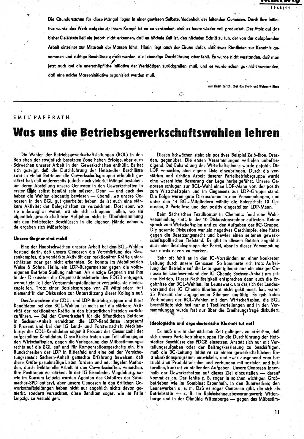 Neuer Weg (NW), Monatsschrift für aktuelle Fragen der Arbeiterbewegung [Parteivorstand (PV) Sozialistische Einheitspartei Deutschlands (SED)] 3. Jahrgang [Sowjetische Besatzungszone (SBZ) Deutschlands] 1948, Heft 11/11 (NW PV SED SBZ Dtl. 1948, H. 11/11)