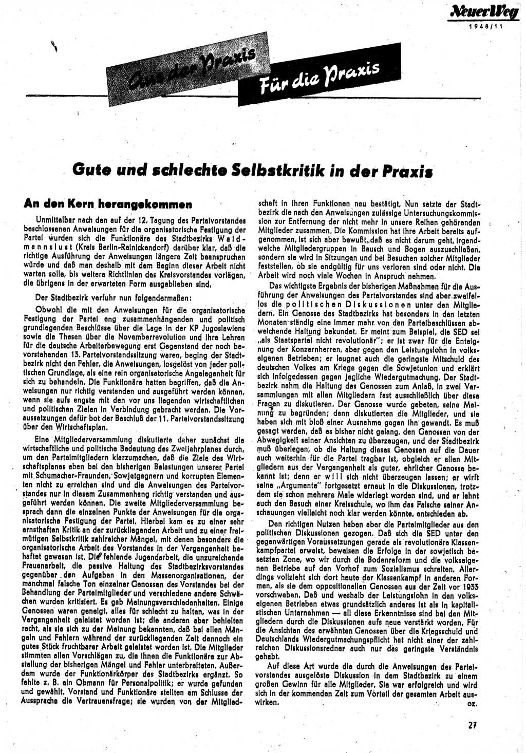 Neuer Weg (NW), Monatsschrift für aktuelle Fragen der Arbeiterbewegung [Parteivorstand (PV) Sozialistische Einheitspartei Deutschlands (SED)] 3. Jahrgang [Sowjetische Besatzungszone (SBZ) Deutschlands] 1948, Heft 11/27 (NW PV SED SBZ Dtl. 1948, H. 11/27)