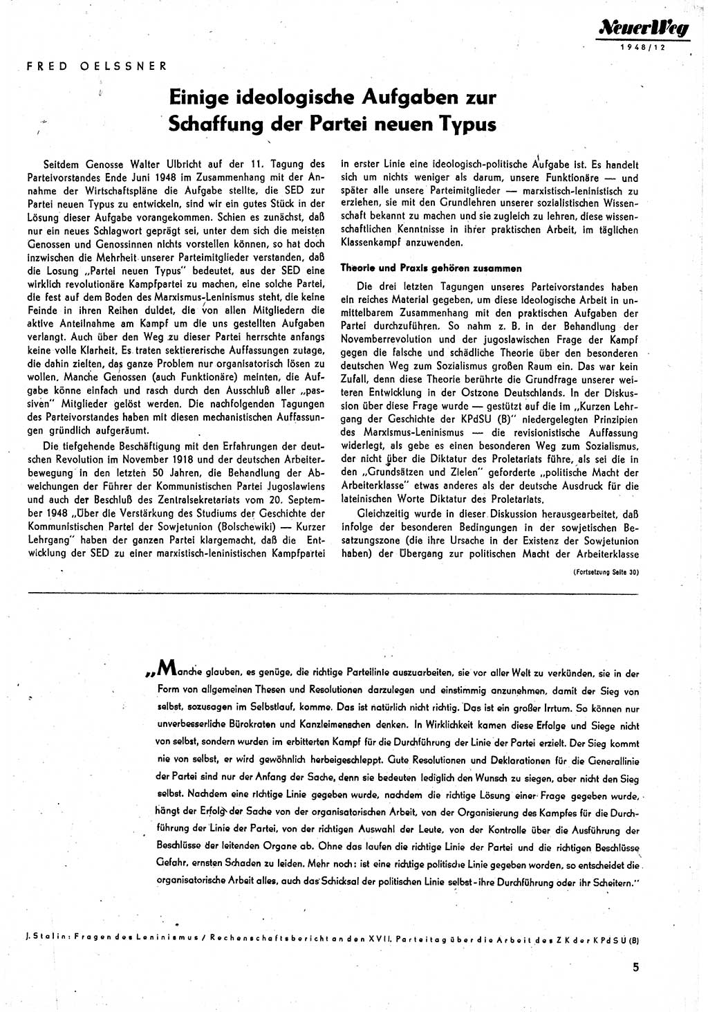 Neuer Weg (NW), Monatsschrift für aktuelle Fragen der Arbeiterbewegung [Parteivorstand (PV) Sozialistische Einheitspartei Deutschlands (SED)] 3. Jahrgang [Sowjetische Besatzungszone (SBZ) Deutschlands] 1948, Heft 12/5 (NW PV SED SBZ Dtl. 1948, H. 12/5)
