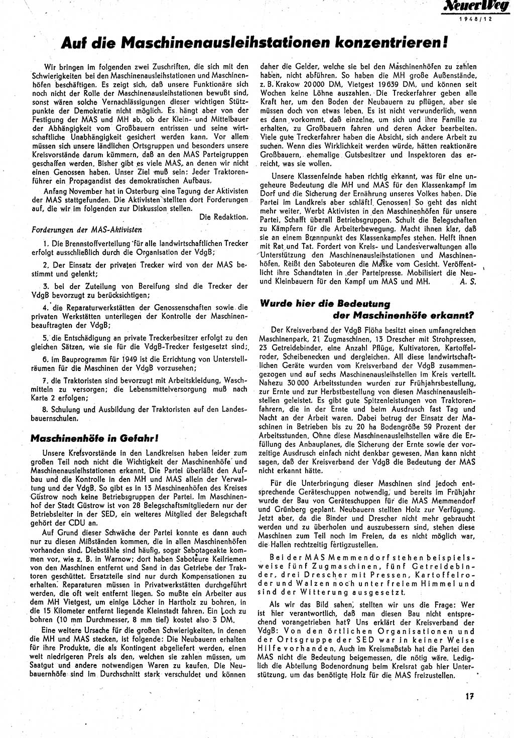 Neuer Weg (NW), Monatsschrift für aktuelle Fragen der Arbeiterbewegung [Parteivorstand (PV) Sozialistische Einheitspartei Deutschlands (SED)] 3. Jahrgang [Sowjetische Besatzungszone (SBZ) Deutschlands] 1948, Heft 12/17 (NW PV SED SBZ Dtl. 1948, H. 12/17)