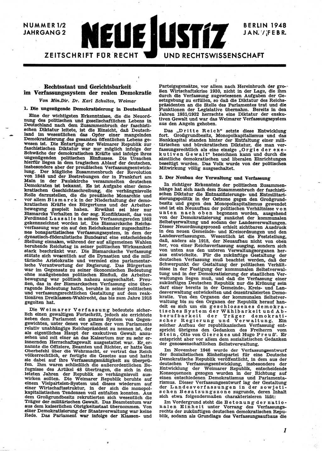 Neue Justiz (NJ), Zeitschrift für Recht und Rechtswissenschaft [Sowjetische Besatzungszone (SBZ) Deutschland], 2. Jahrgang 1948, Seite 1 (NJ SBZ Dtl. 1948, S. 1)