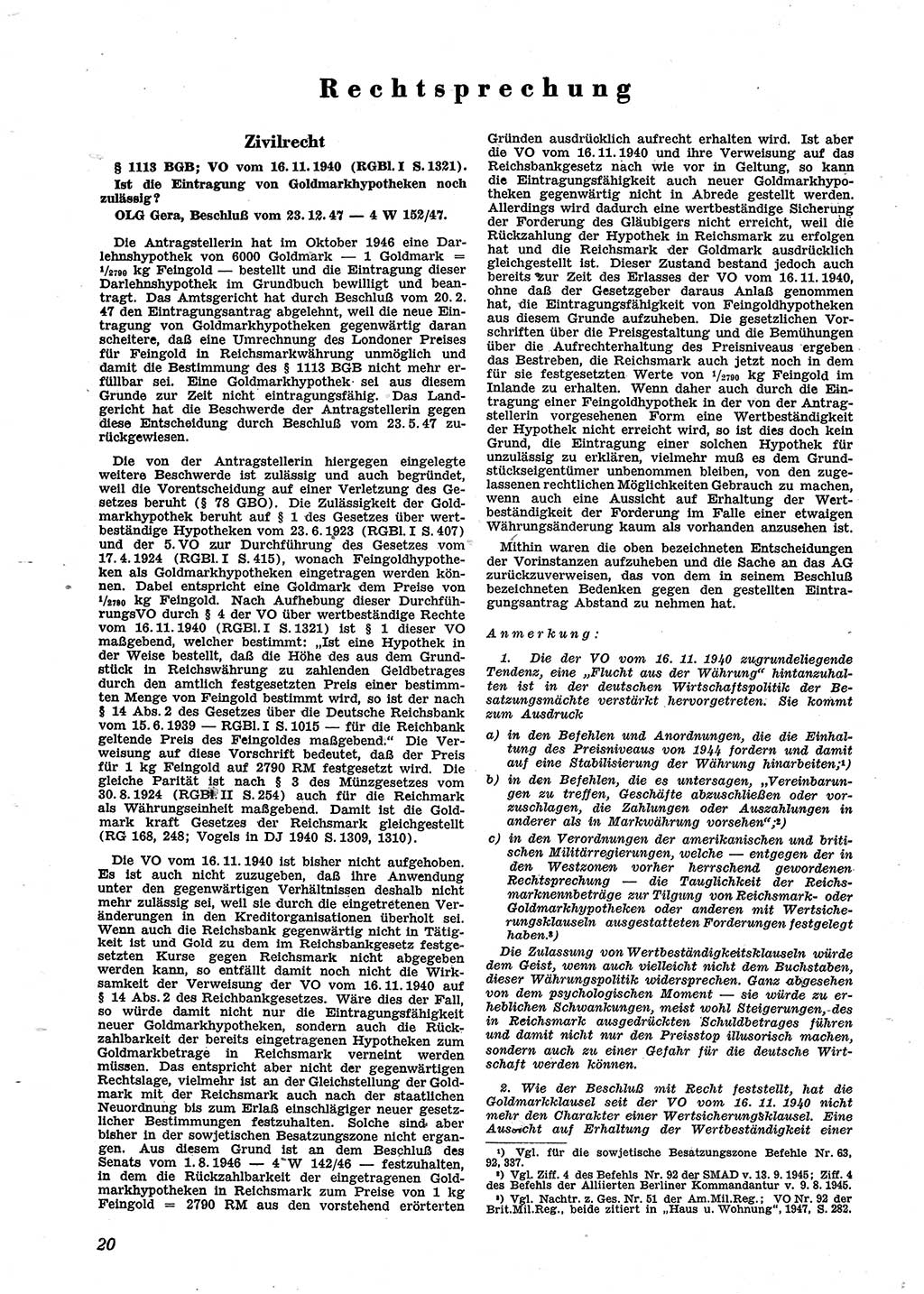 Neue Justiz (NJ), Zeitschrift für Recht und Rechtswissenschaft [Sowjetische Besatzungszone (SBZ) Deutschland], 2. Jahrgang 1948, Seite 20 (NJ SBZ Dtl. 1948, S. 20)