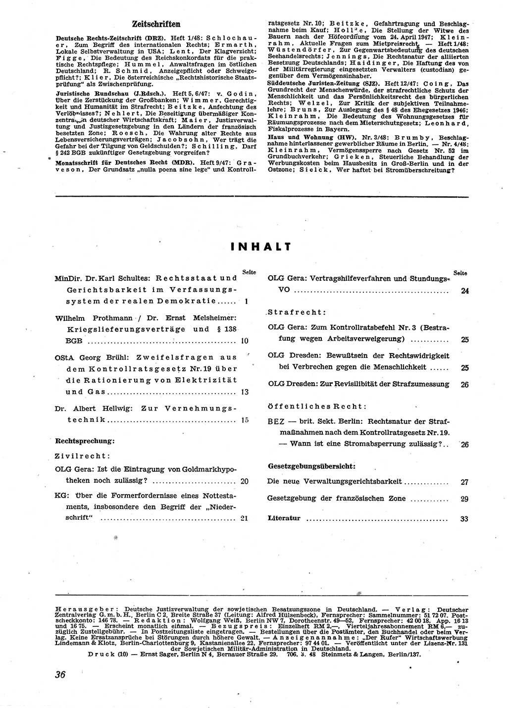 Neue Justiz (NJ), Zeitschrift für Recht und Rechtswissenschaft [Sowjetische Besatzungszone (SBZ) Deutschland], 2. Jahrgang 1948, Seite 36 (NJ SBZ Dtl. 1948, S. 36)