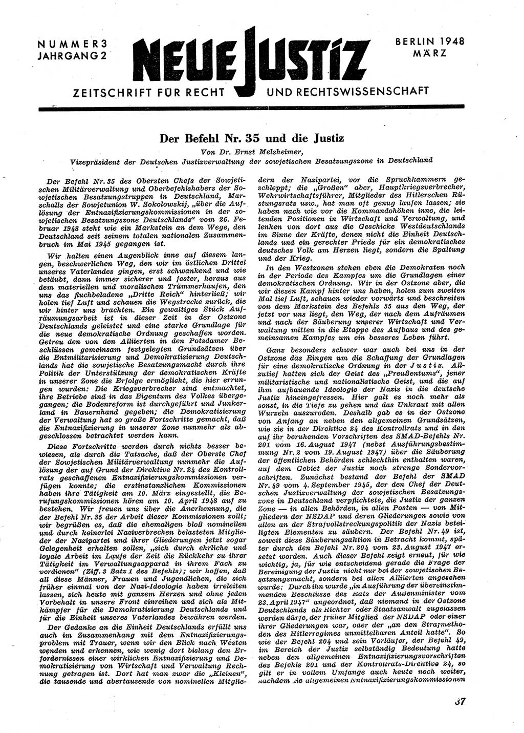 Neue Justiz (NJ), Zeitschrift für Recht und Rechtswissenschaft [Sowjetische Besatzungszone (SBZ) Deutschland], 2. Jahrgang 1948, Seite 37 (NJ SBZ Dtl. 1948, S. 37)