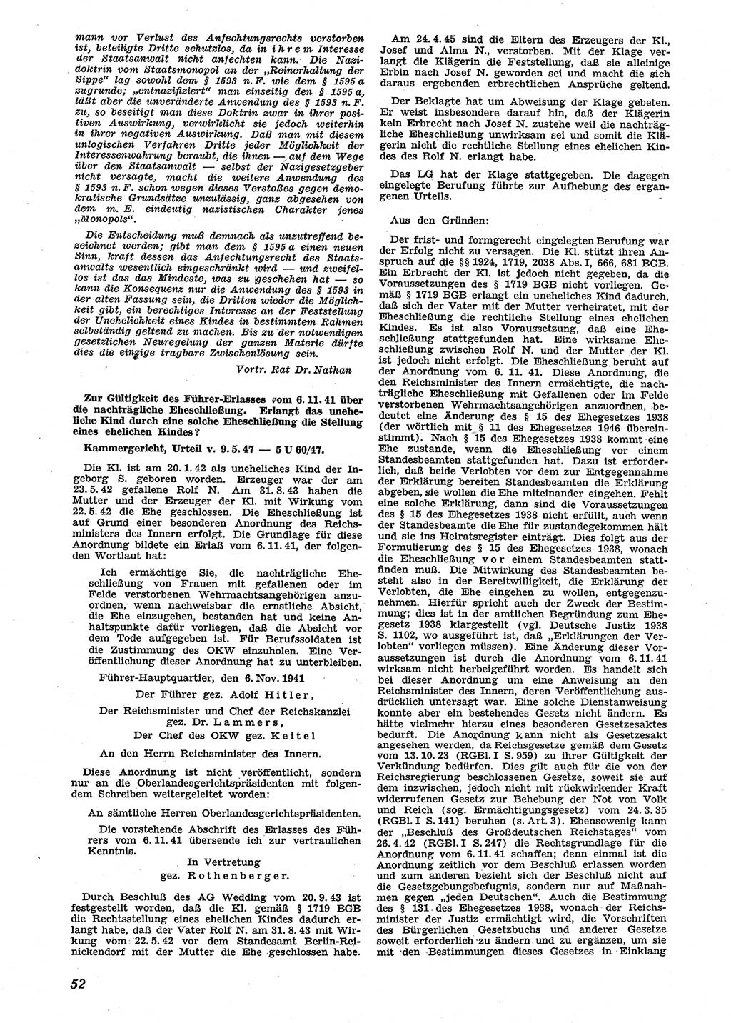 Neue Justiz (NJ), Zeitschrift für Recht und Rechtswissenschaft [Sowjetische Besatzungszone (SBZ) Deutschland], 2. Jahrgang 1948, Seite 52 (NJ SBZ Dtl. 1948, S. 52)