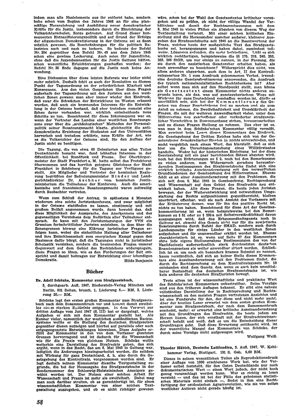 Neue Justiz (NJ), Zeitschrift für Recht und Rechtswissenschaft [Sowjetische Besatzungszone (SBZ) Deutschland], 2. Jahrgang 1948, Seite 58 (NJ SBZ Dtl. 1948, S. 58)