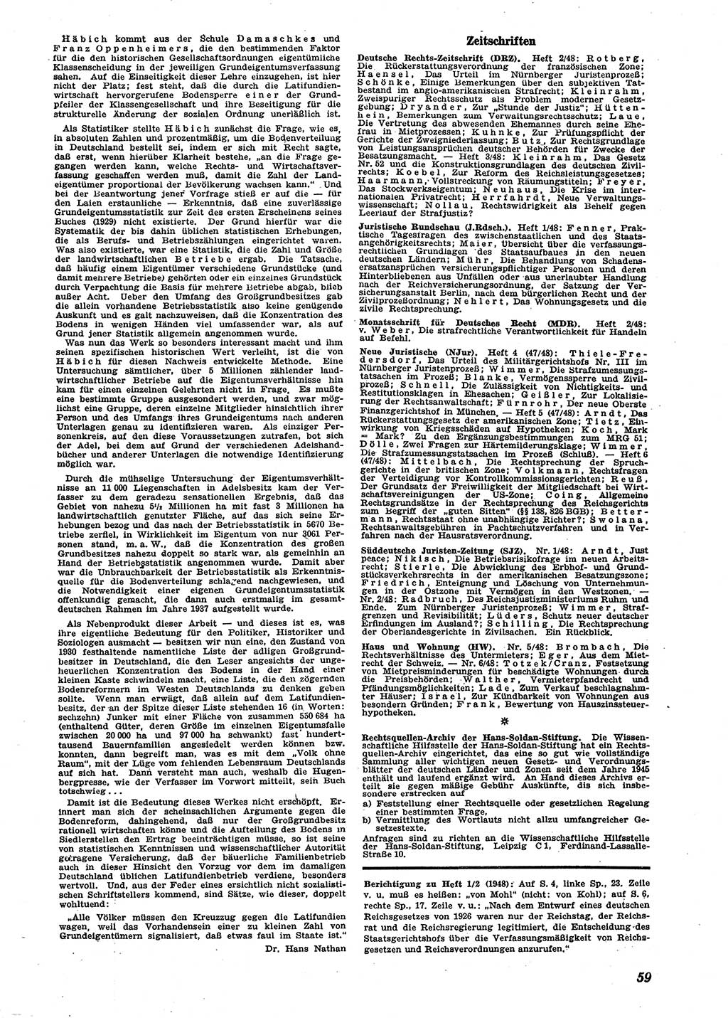 Neue Justiz (NJ), Zeitschrift für Recht und Rechtswissenschaft [Sowjetische Besatzungszone (SBZ) Deutschland], 2. Jahrgang 1948, Seite 59 (NJ SBZ Dtl. 1948, S. 59)