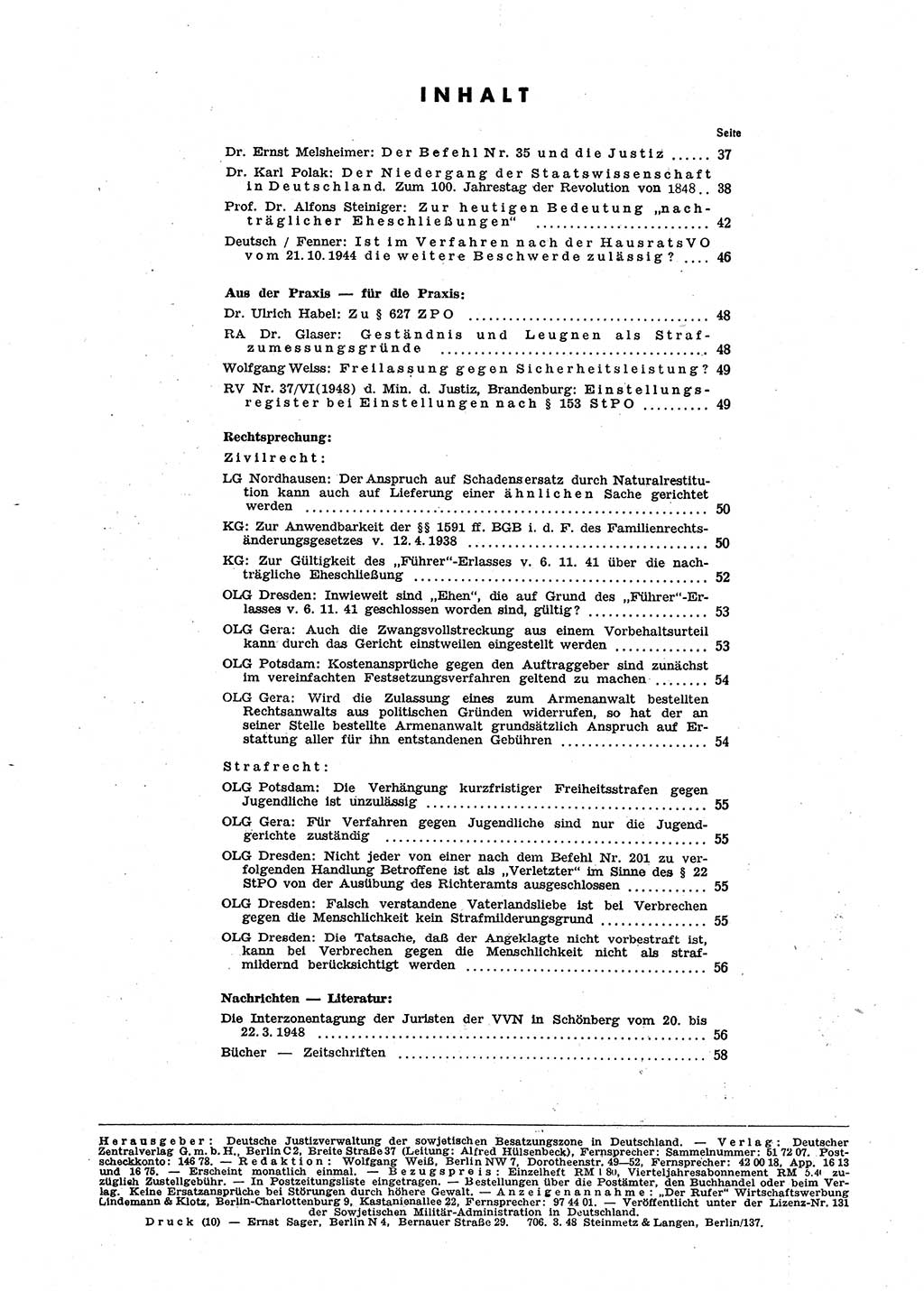 Neue Justiz (NJ), Zeitschrift für Recht und Rechtswissenschaft [Sowjetische Besatzungszone (SBZ) Deutschland], 2. Jahrgang 1948, Seite 60 (NJ SBZ Dtl. 1948, S. 60)