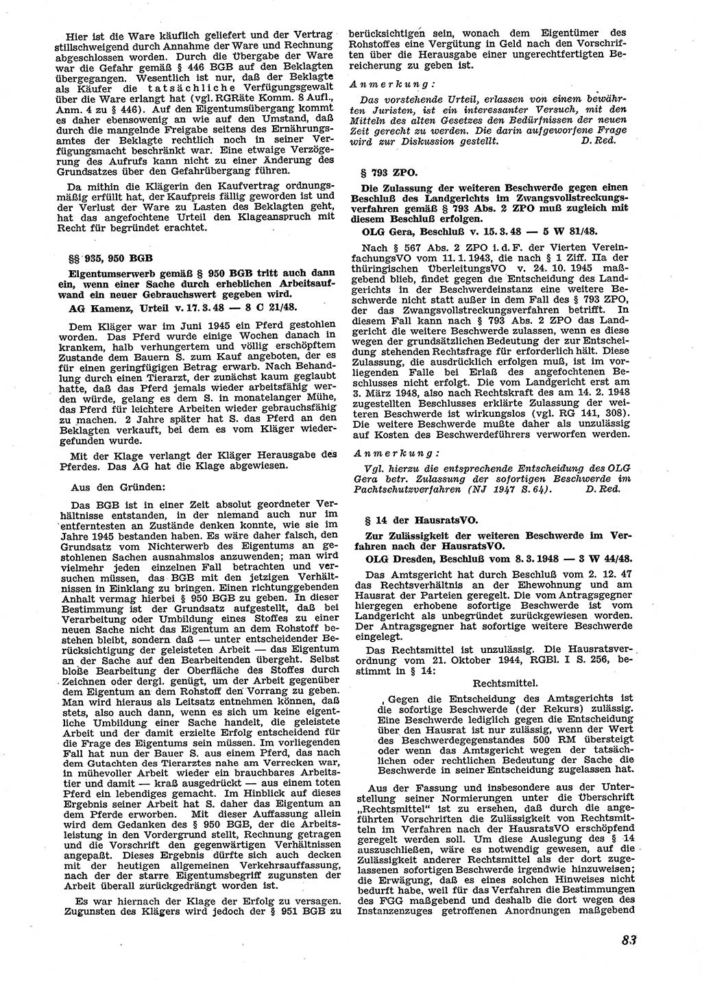Neue Justiz (NJ), Zeitschrift für Recht und Rechtswissenschaft [Sowjetische Besatzungszone (SBZ) Deutschland], 2. Jahrgang 1948, Seite 83 (NJ SBZ Dtl. 1948, S. 83)