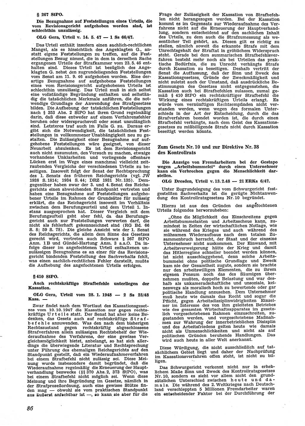 Neue Justiz (NJ), Zeitschrift für Recht und Rechtswissenschaft [Sowjetische Besatzungszone (SBZ) Deutschland], 2. Jahrgang 1948, Seite 86 (NJ SBZ Dtl. 1948, S. 86)