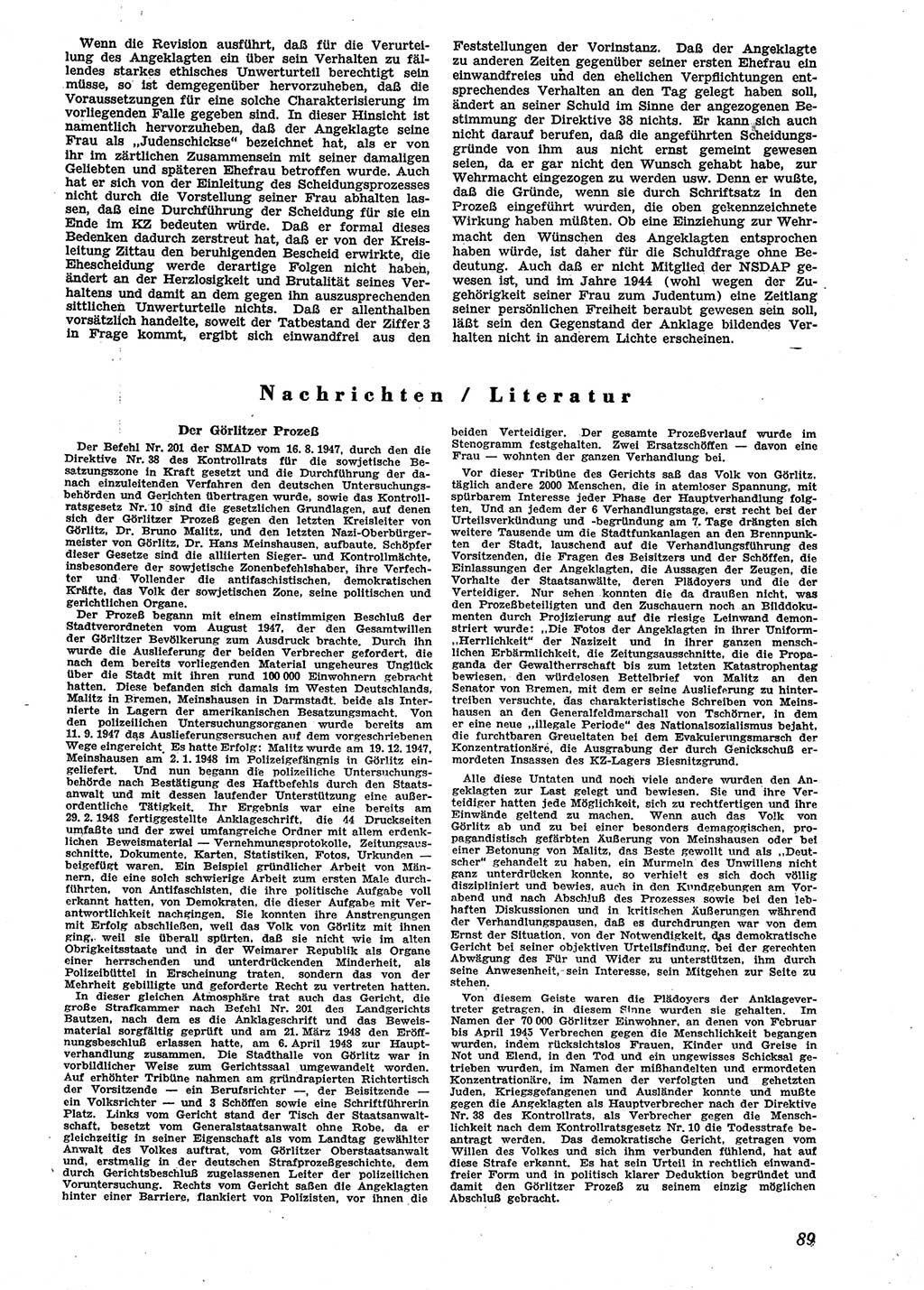 Neue Justiz (NJ), Zeitschrift für Recht und Rechtswissenschaft [Sowjetische Besatzungszone (SBZ) Deutschland], 2. Jahrgang 1948, Seite 89 (NJ SBZ Dtl. 1948, S. 89)