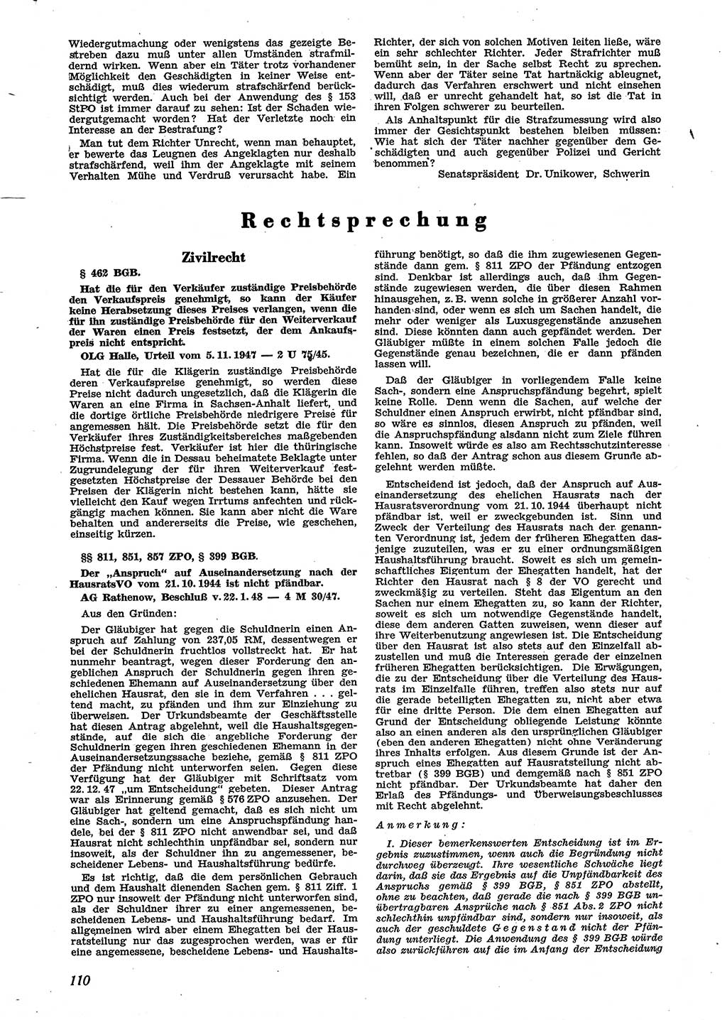 Neue Justiz (NJ), Zeitschrift für Recht und Rechtswissenschaft [Sowjetische Besatzungszone (SBZ) Deutschland], 2. Jahrgang 1948, Seite 110 (NJ SBZ Dtl. 1948, S. 110)