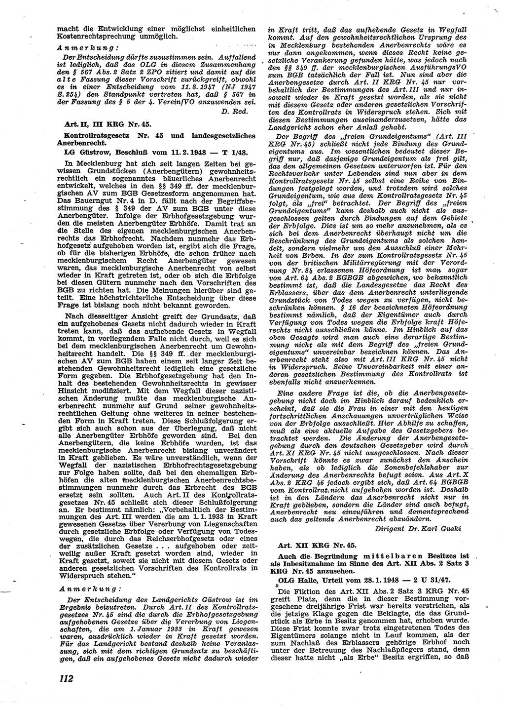 Neue Justiz (NJ), Zeitschrift für Recht und Rechtswissenschaft [Sowjetische Besatzungszone (SBZ) Deutschland], 2. Jahrgang 1948, Seite 112 (NJ SBZ Dtl. 1948, S. 112)