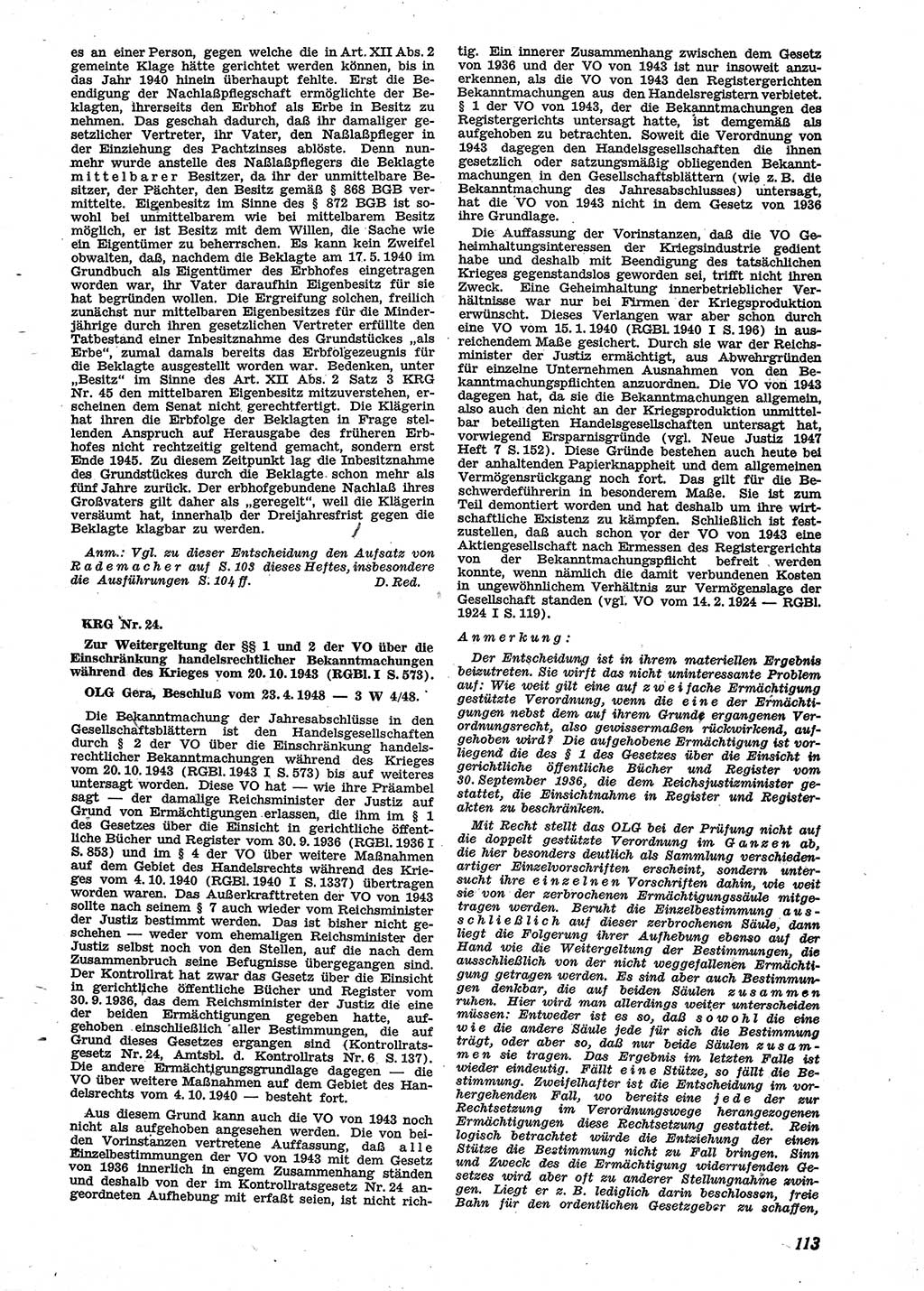 Neue Justiz (NJ), Zeitschrift für Recht und Rechtswissenschaft [Sowjetische Besatzungszone (SBZ) Deutschland], 2. Jahrgang 1948, Seite 113 (NJ SBZ Dtl. 1948, S. 113)