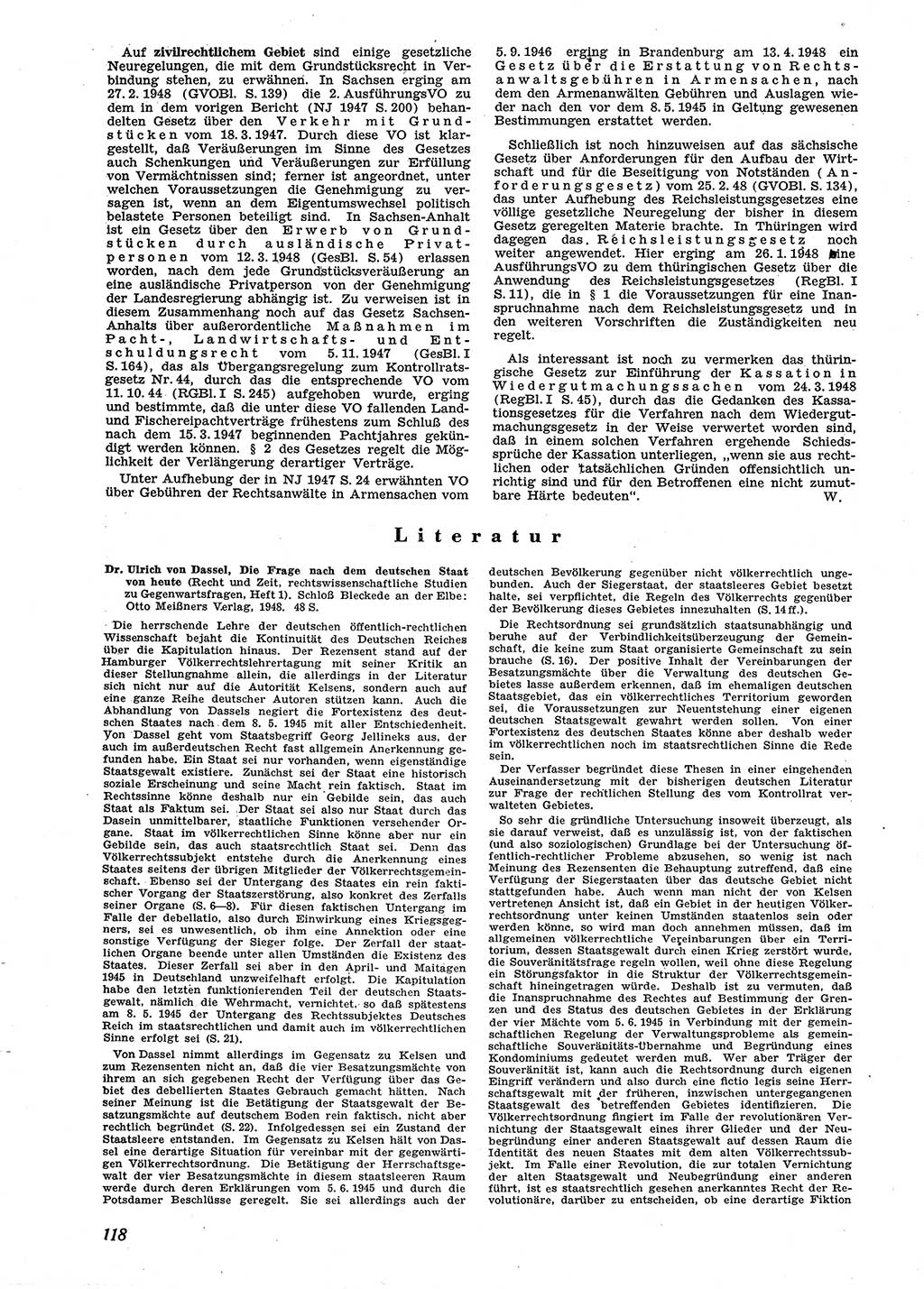 Neue Justiz (NJ), Zeitschrift für Recht und Rechtswissenschaft [Sowjetische Besatzungszone (SBZ) Deutschland], 2. Jahrgang 1948, Seite 118 (NJ SBZ Dtl. 1948, S. 118)