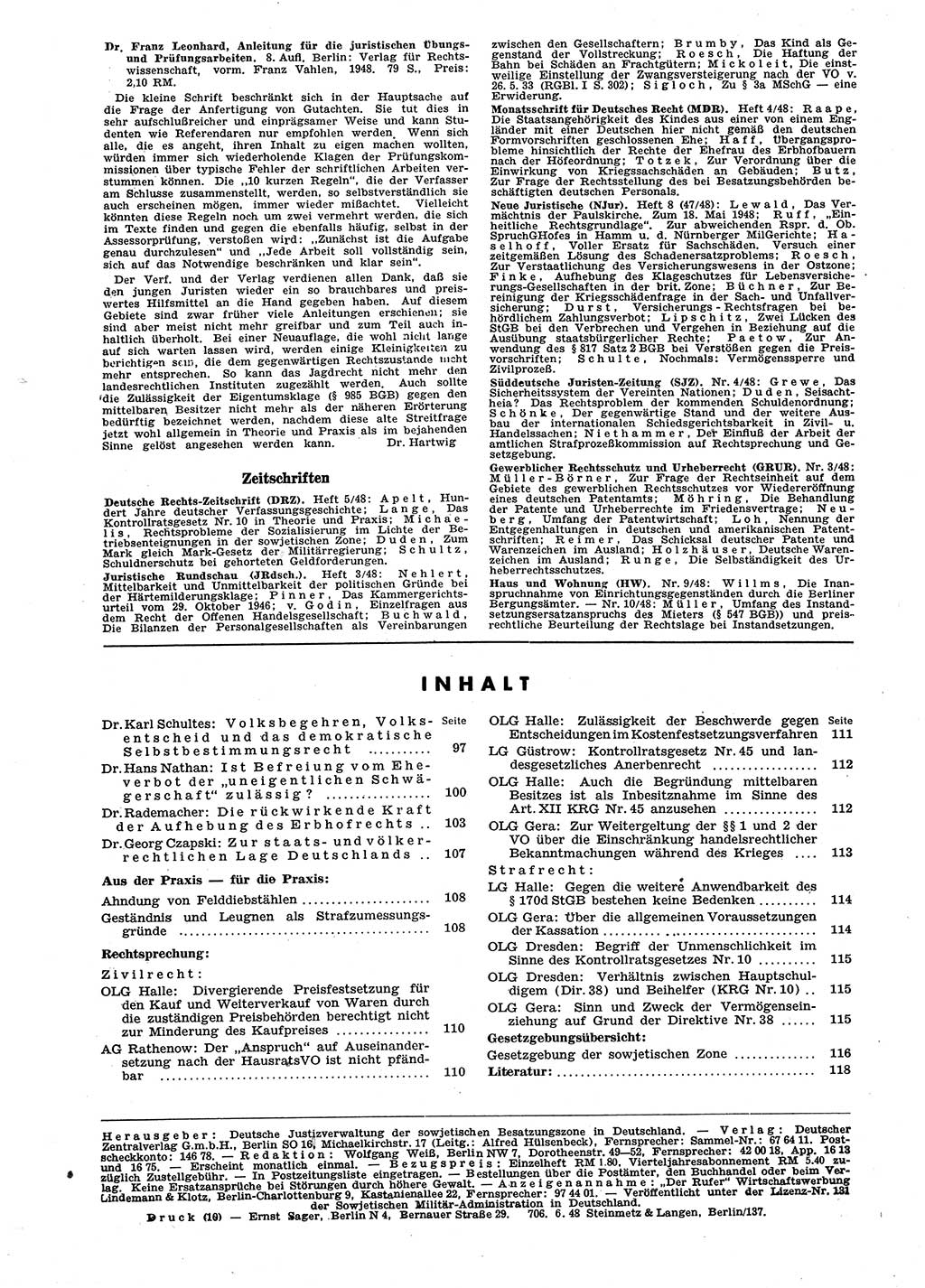 Neue Justiz (NJ), Zeitschrift für Recht und Rechtswissenschaft [Sowjetische Besatzungszone (SBZ) Deutschland], 2. Jahrgang 1948, Seite 120 (NJ SBZ Dtl. 1948, S. 120)