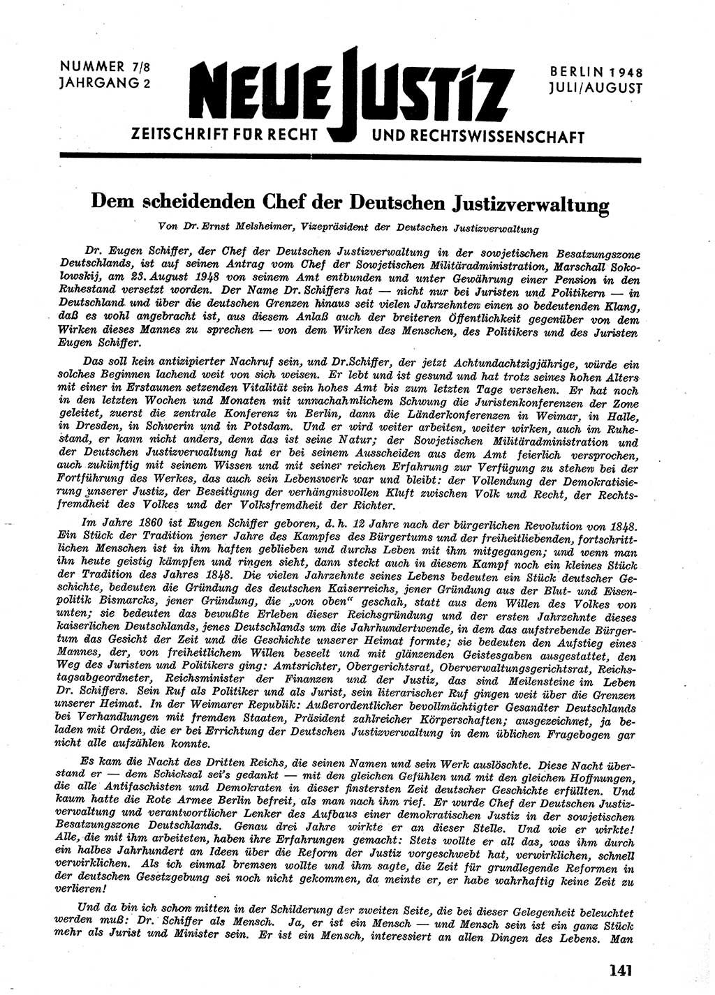 Neue Justiz (NJ), Zeitschrift für Recht und Rechtswissenschaft [Sowjetische Besatzungszone (SBZ) Deutschland], 2. Jahrgang 1948, Seite 141 (NJ SBZ Dtl. 1948, S. 141)