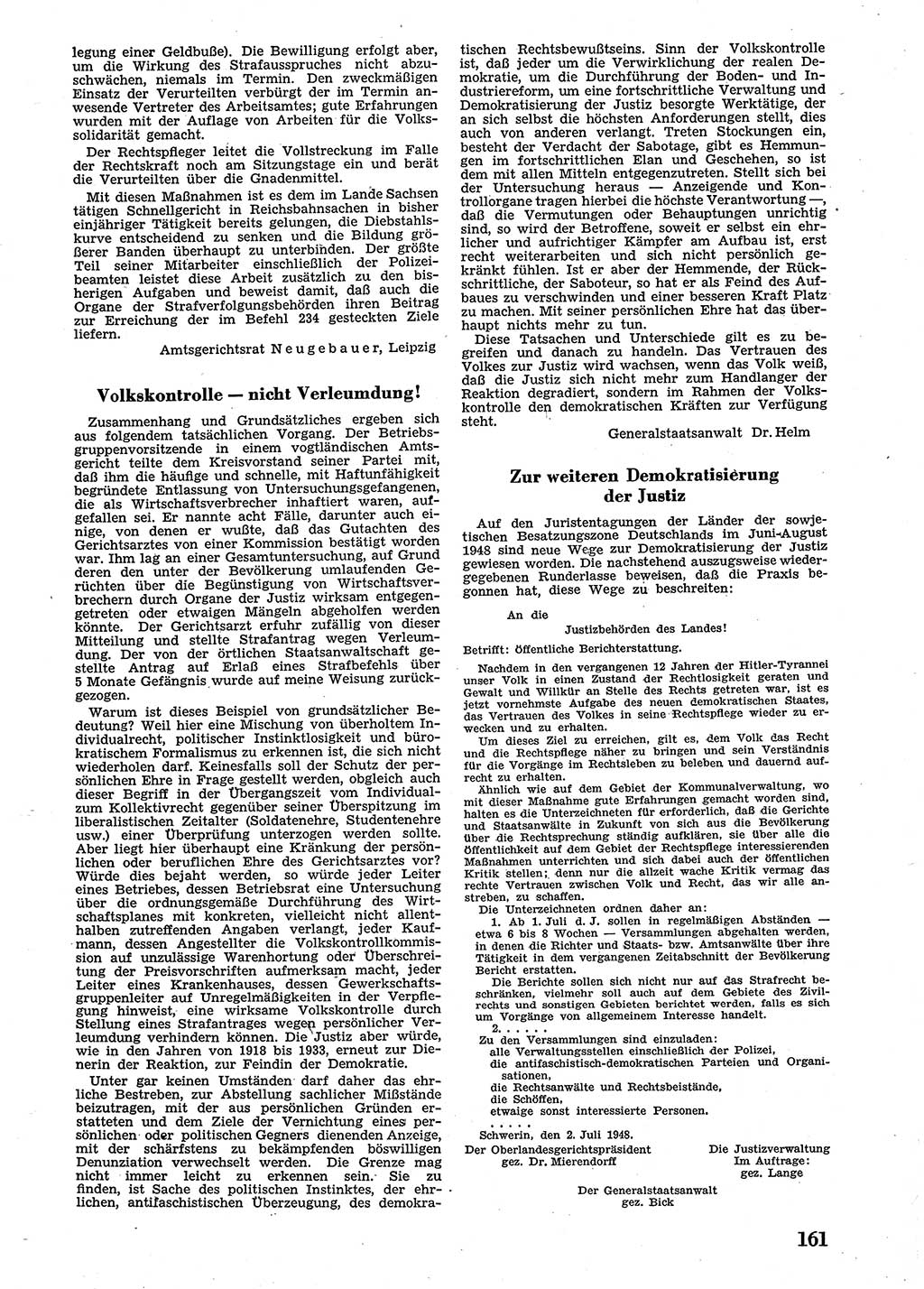 Neue Justiz (NJ), Zeitschrift für Recht und Rechtswissenschaft [Sowjetische Besatzungszone (SBZ) Deutschland], 2. Jahrgang 1948, Seite 161 (NJ SBZ Dtl. 1948, S. 161)