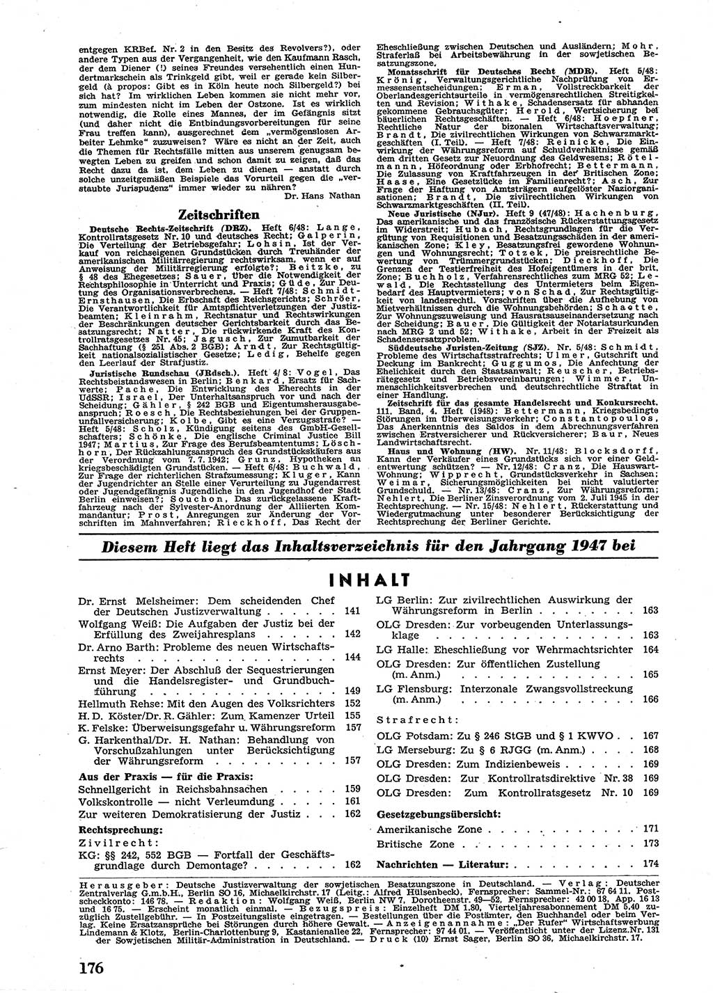 Neue Justiz (NJ), Zeitschrift für Recht und Rechtswissenschaft [Sowjetische Besatzungszone (SBZ) Deutschland], 2. Jahrgang 1948, Seite 176 (NJ SBZ Dtl. 1948, S. 176)