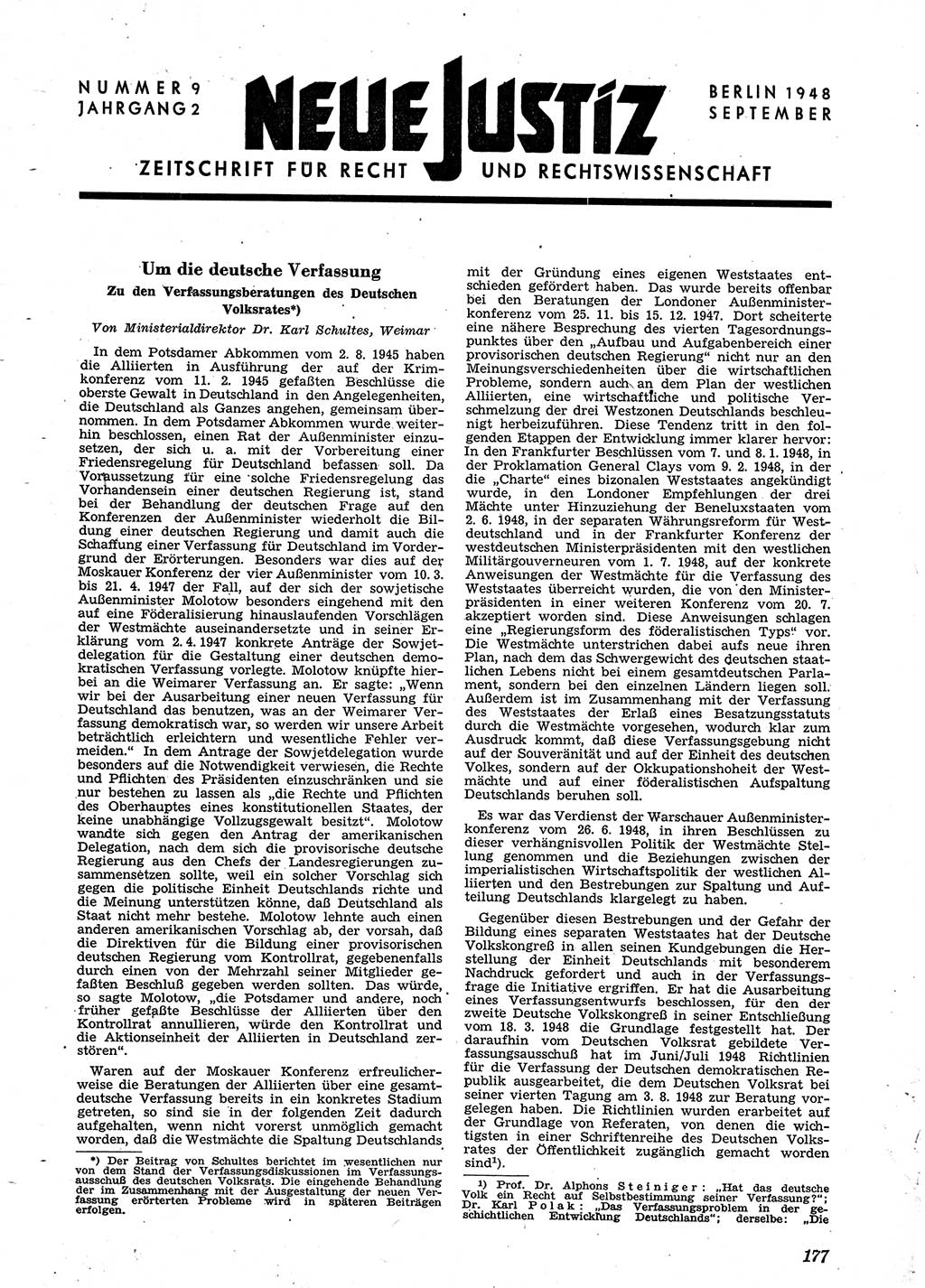 Neue Justiz (NJ), Zeitschrift für Recht und Rechtswissenschaft [Sowjetische Besatzungszone (SBZ) Deutschland], 2. Jahrgang 1948, Seite 177 (NJ SBZ Dtl. 1948, S. 177)