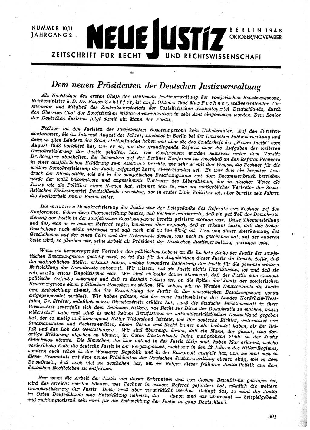 Neue Justiz (NJ), Zeitschrift für Recht und Rechtswissenschaft [Sowjetische Besatzungszone (SBZ) Deutschland], 2. Jahrgang 1948, Seite 201 (NJ SBZ Dtl. 1948, S. 201)