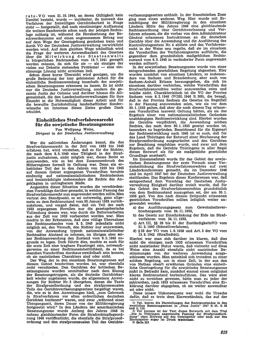 Neue Justiz (NJ), Zeitschrift für Recht und Rechtswissenschaft [Sowjetische Besatzungszone (SBZ) Deutschland], 2. Jahrgang 1948, Seite 215 (NJ SBZ Dtl. 1948, S. 215)