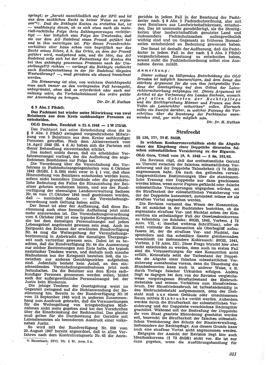 Neue Justiz (NJ), Zeitschrift für Recht und Rechtswissenschaft [Sowjetische Besatzungszone (SBZ) Deutschland], 2. Jahrgang 1948, Seite 231 (NJ SBZ Dtl. 1948, S. 231)