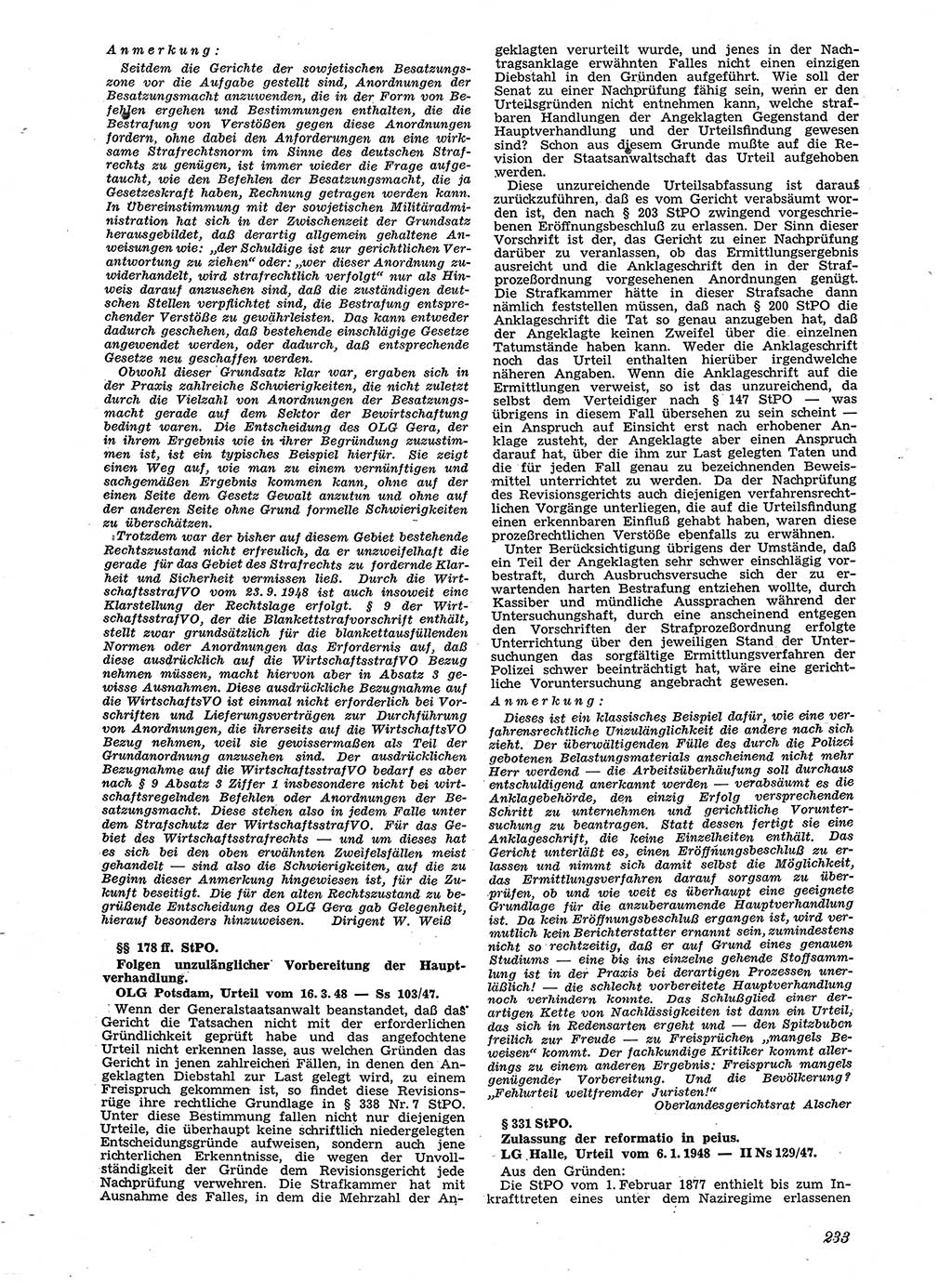 Neue Justiz (NJ), Zeitschrift für Recht und Rechtswissenschaft [Sowjetische Besatzungszone (SBZ) Deutschland], 2. Jahrgang 1948, Seite 233 (NJ SBZ Dtl. 1948, S. 233)