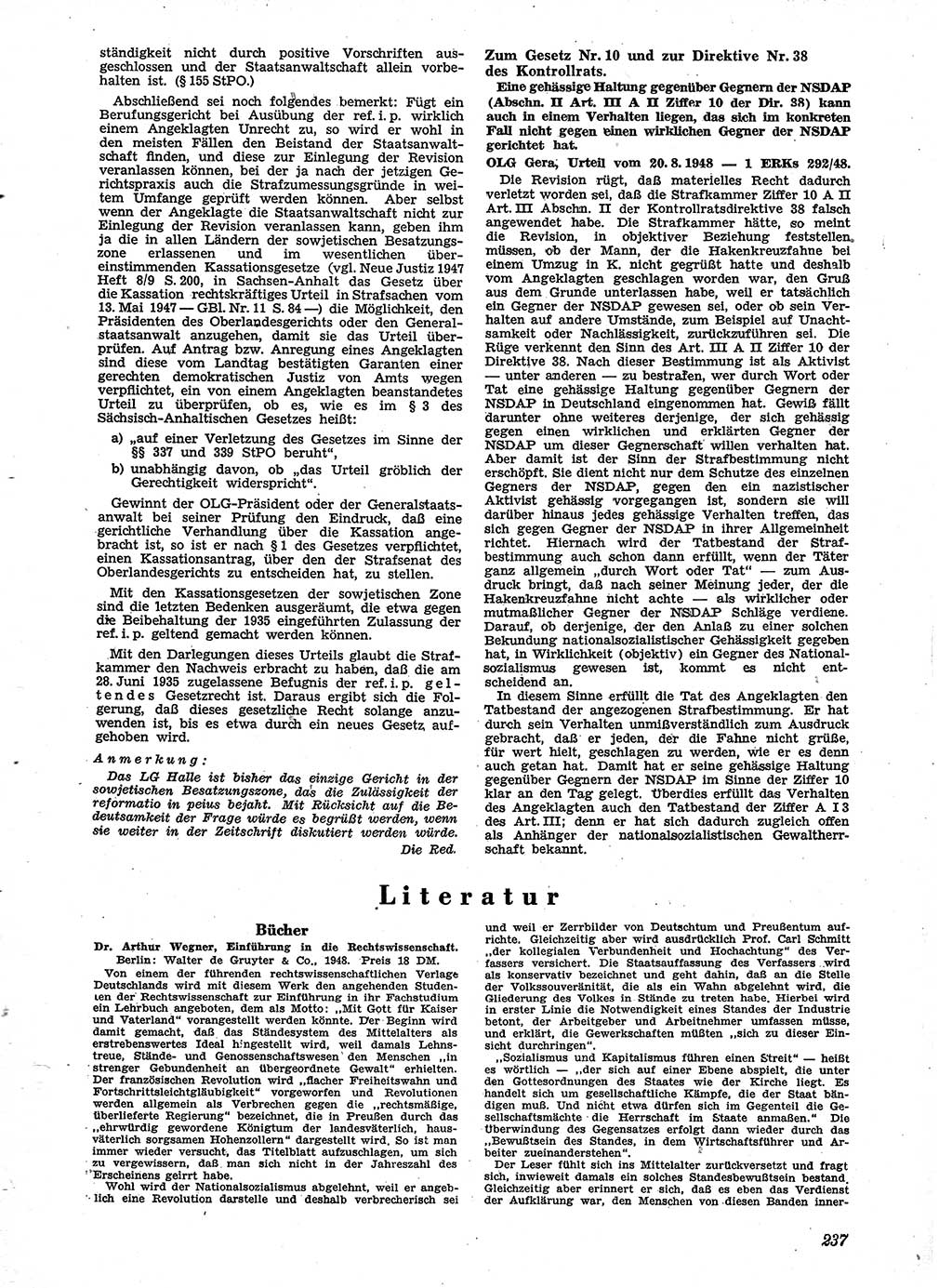 Neue Justiz (NJ), Zeitschrift für Recht und Rechtswissenschaft [Sowjetische Besatzungszone (SBZ) Deutschland], 2. Jahrgang 1948, Seite 237 (NJ SBZ Dtl. 1948, S. 237)