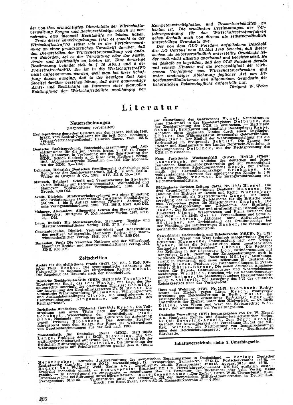Neue Justiz (NJ), Zeitschrift für Recht und Rechtswissenschaft [Sowjetische Besatzungszone (SBZ) Deutschland], 2. Jahrgang 1948, Seite 280 (NJ SBZ Dtl. 1948, S. 280)