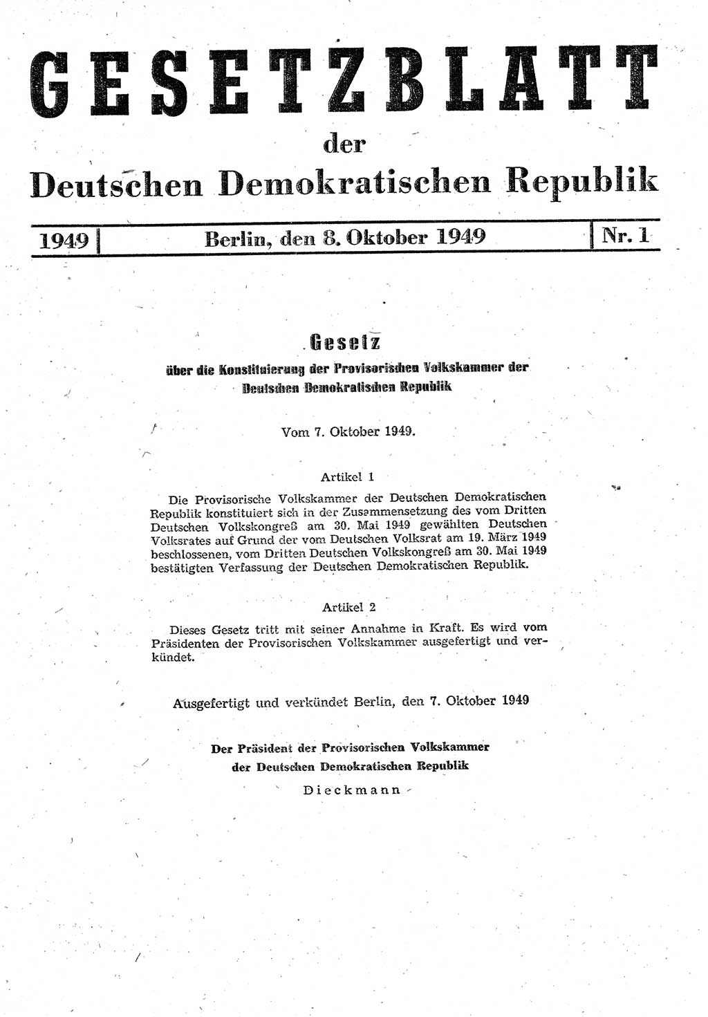 Gesetzblatt (GBl.) der Deutschen Demokratischen Republik (DDR) 1949, Seite 1 (GBl. DDR 1949, S. 1)