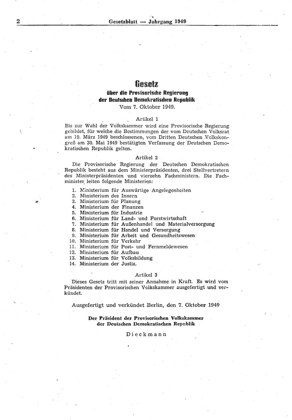 Gesetzblatt (GBl.) der Deutschen Demokratischen Republik (DDR) 1949, Seite 2 (GBl. DDR 1949, S. 2)