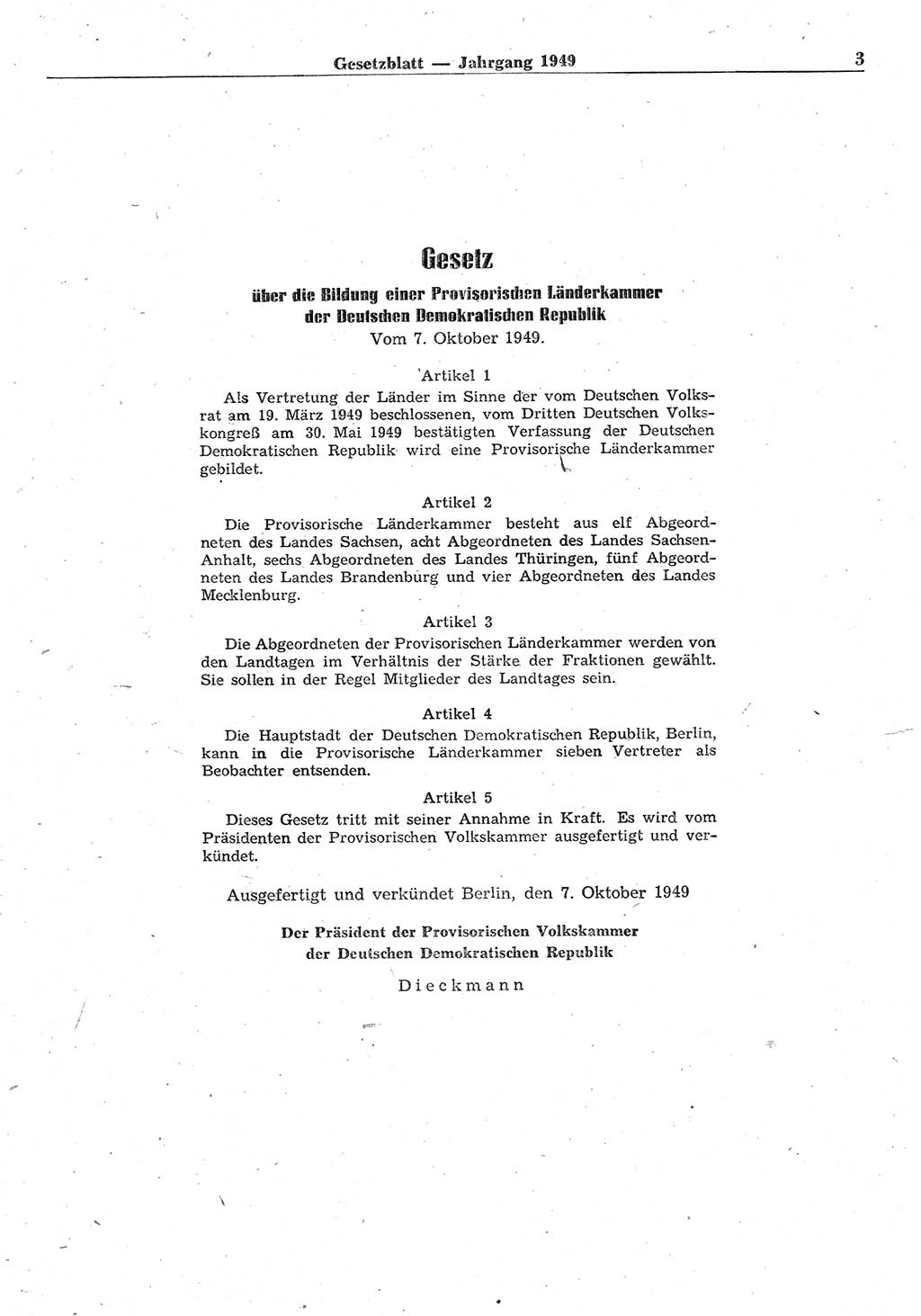 Gesetzblatt (GBl.) der Deutschen Demokratischen Republik (DDR) 1949, Seite 3 (GBl. DDR 1949, S. 3)