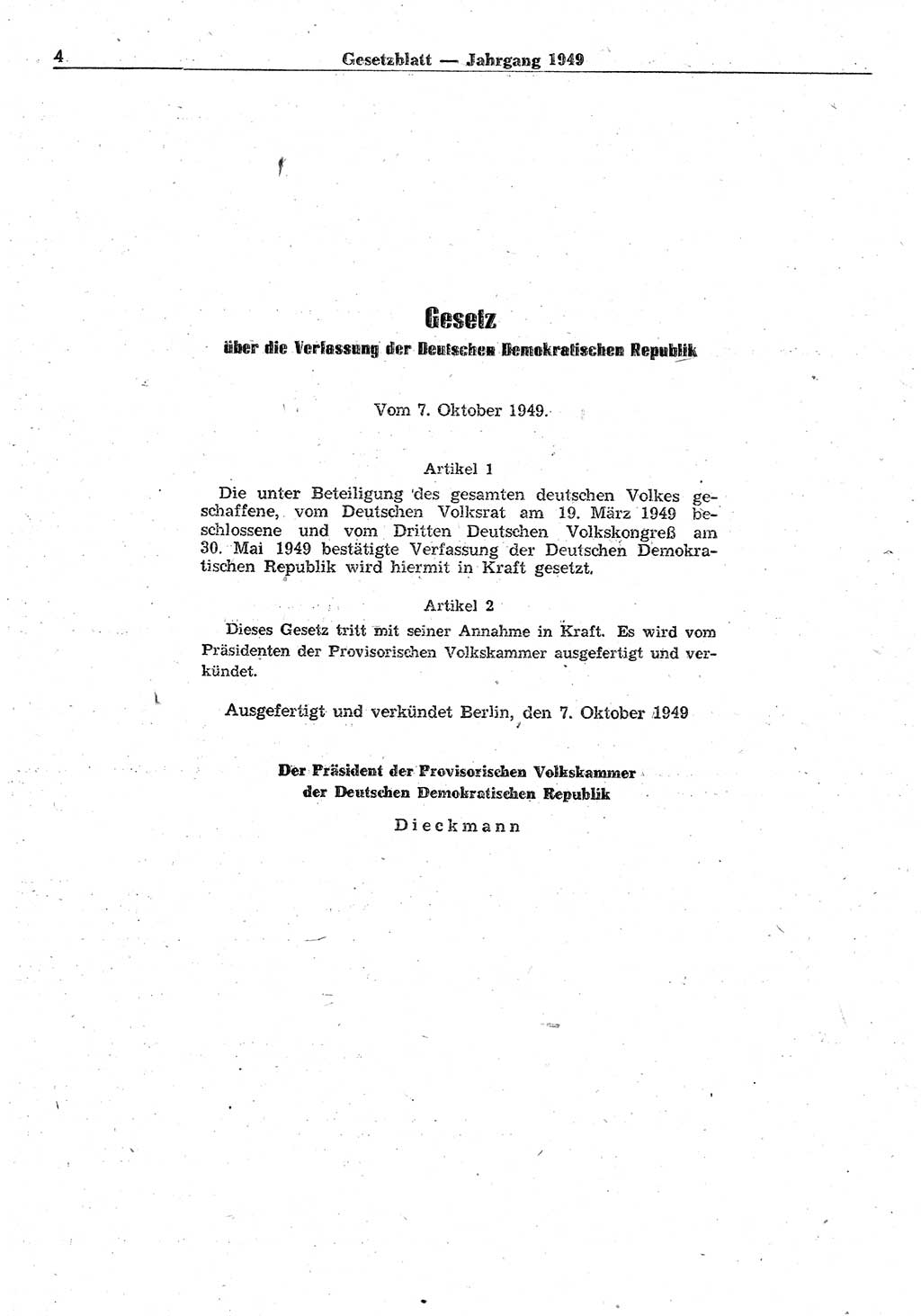 Gesetzblatt (GBl.) der Deutschen Demokratischen Republik (DDR) 1949, Seite 4 (GBl. DDR 1949, S. 4)