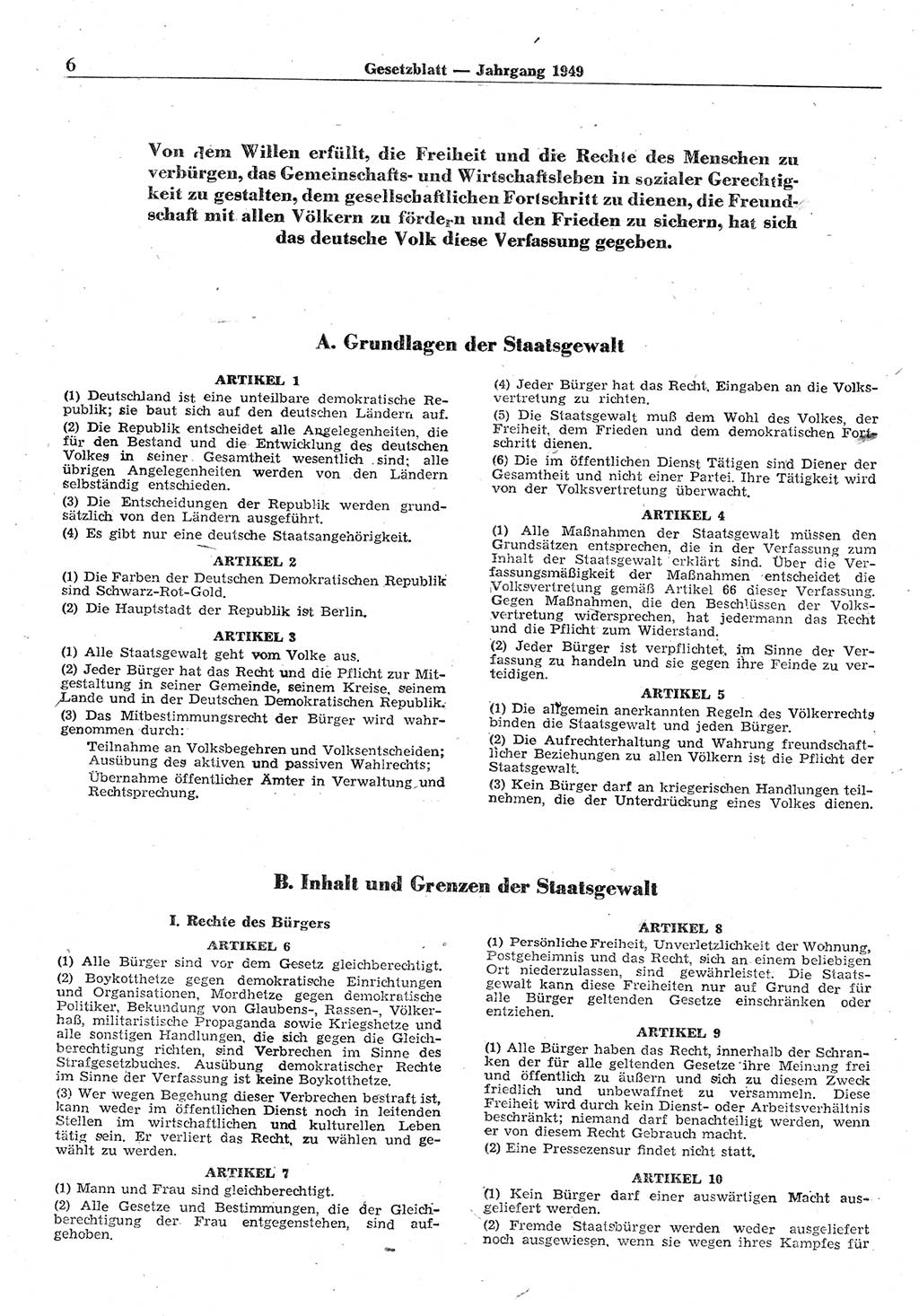 Gesetzblatt (GBl.) der Deutschen Demokratischen Republik (DDR) 1949, Seite 6 (GBl. DDR 1949, S. 6)