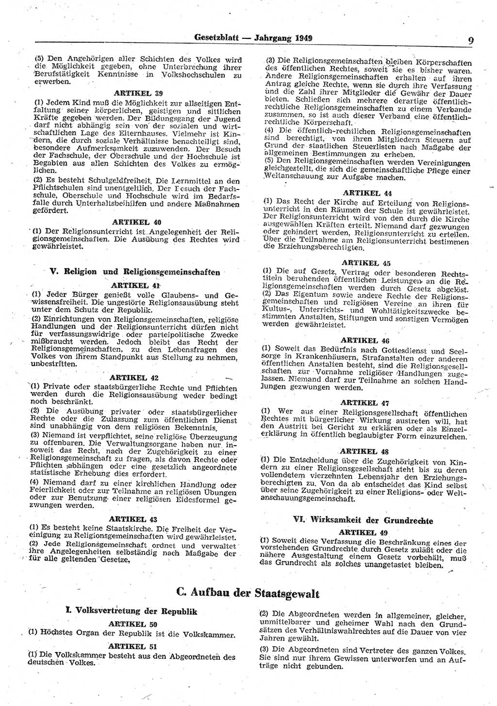 Gesetzblatt (GBl.) der Deutschen Demokratischen Republik (DDR) 1949, Seite 9 (GBl. DDR 1949, S. 9)